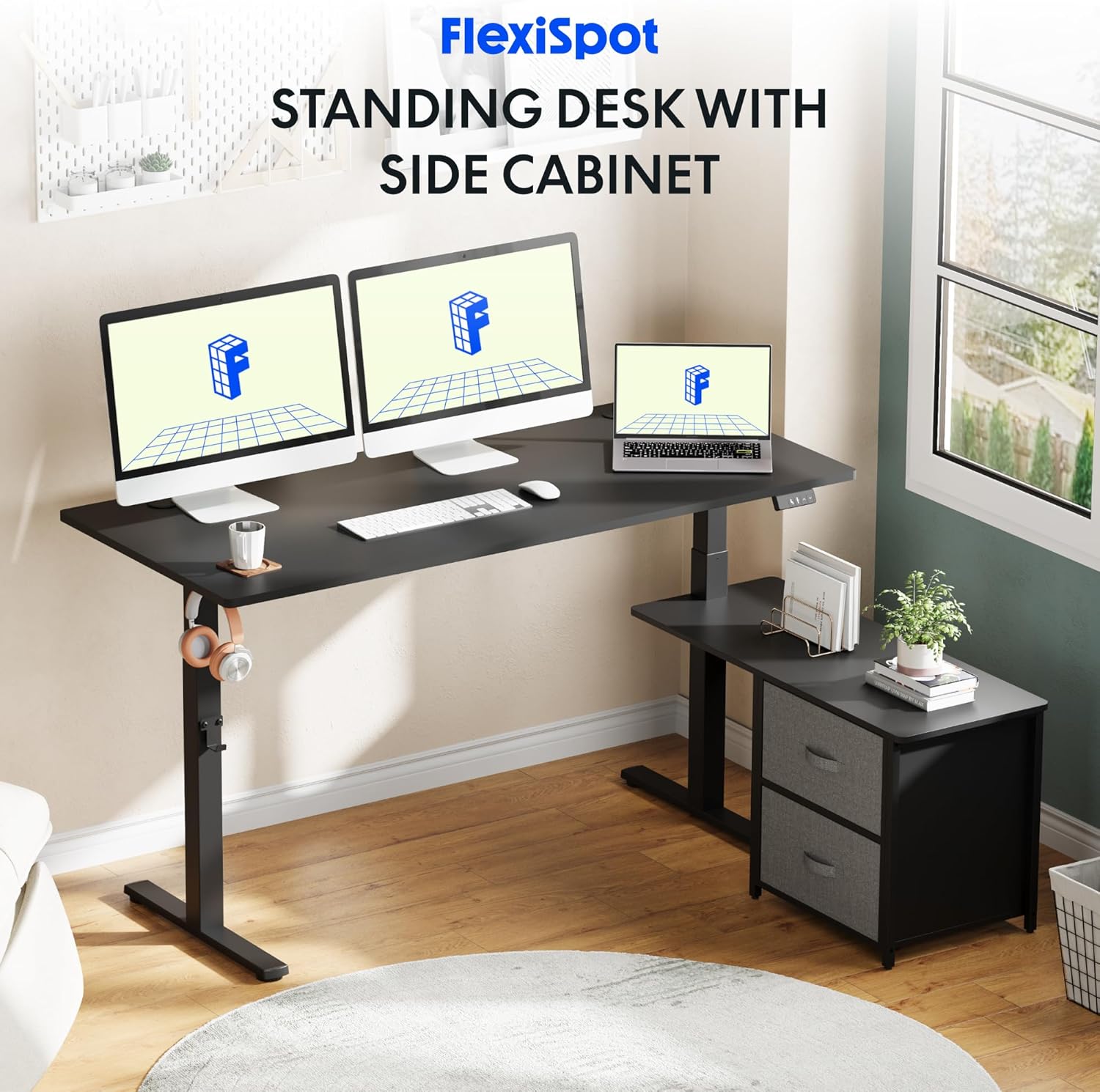 Detalle de FLEXISPOT Bureau Assis Debout en L avec Tiroirs – Réglage mémoire et plateau ergonomique