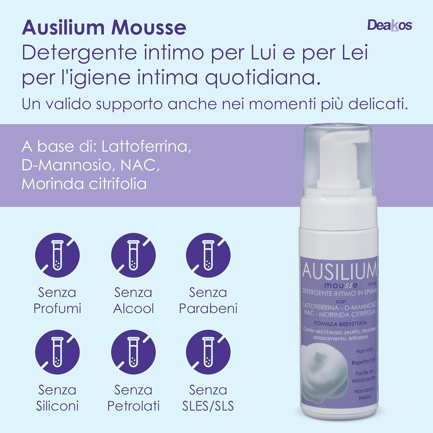 Detalle de Deakos Ausilium Mousse Detergente Intimo: sollievo delicato per tutta la famiglia