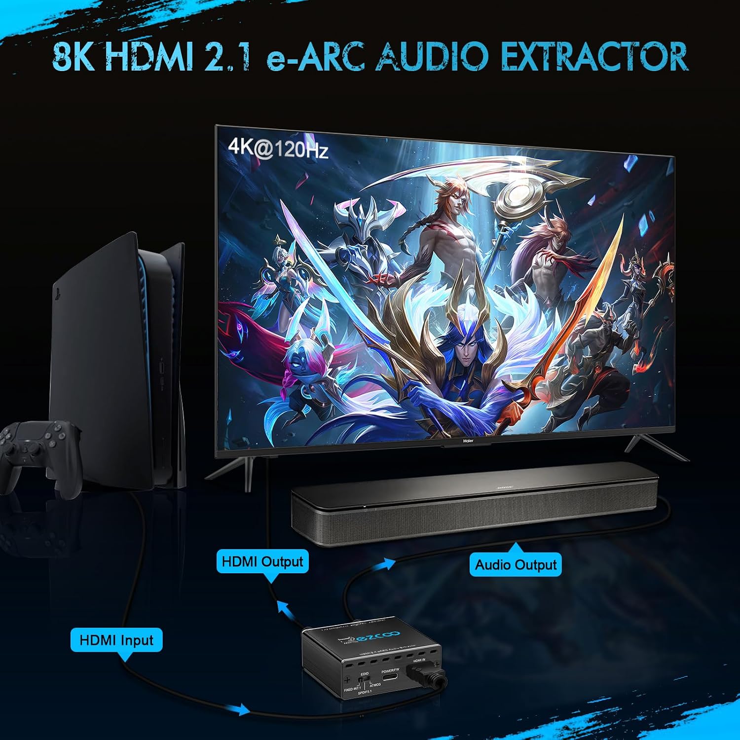 Detalle de ROFAVEZCO 4K@120Hz HDMI 2.1 eARC Audio Extractor mit Dolby Atmos/Vision, VRR und ALLM – Plug & Play für Soundbars