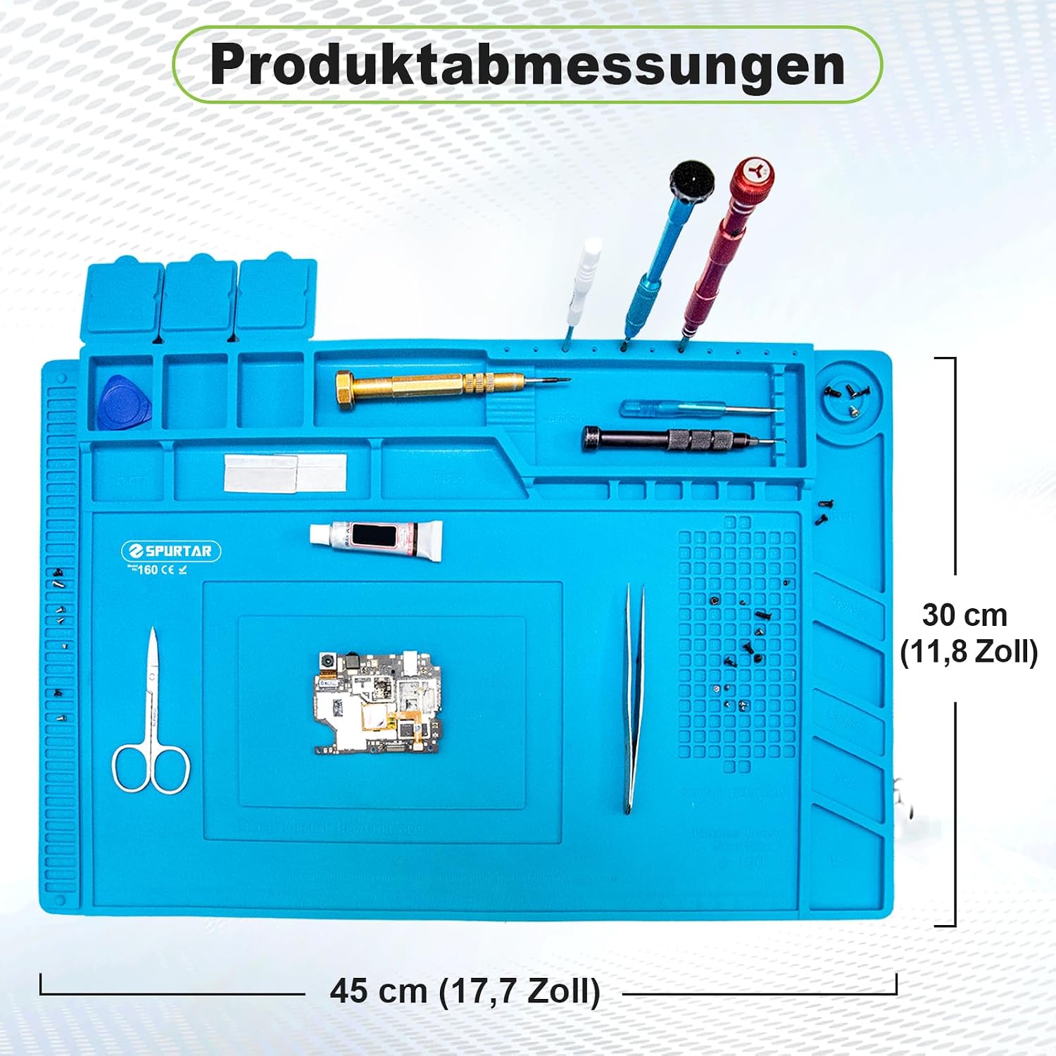 Detalle de Spurtar Lötmatte aus Silikon, 500℃ hitzebeständig – 45 x 30 cm Reparaturunterlage für Löten & Elektronik