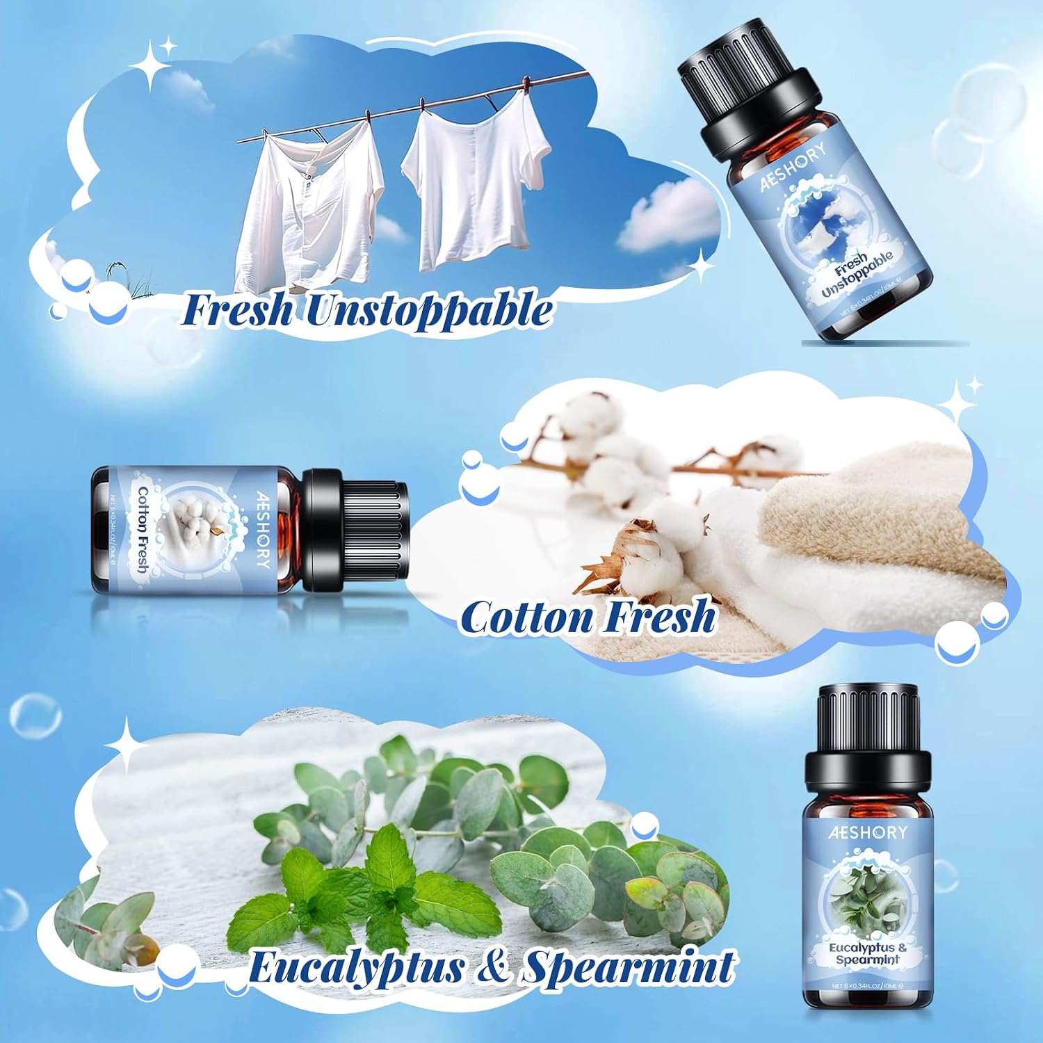 Detalle de AESHORY Set ätherische Öle für Diffuser (6 x 10 ml) – Frisch, Eukalyptus & Co. als Aromatherapie-Duftöl Geschenkset