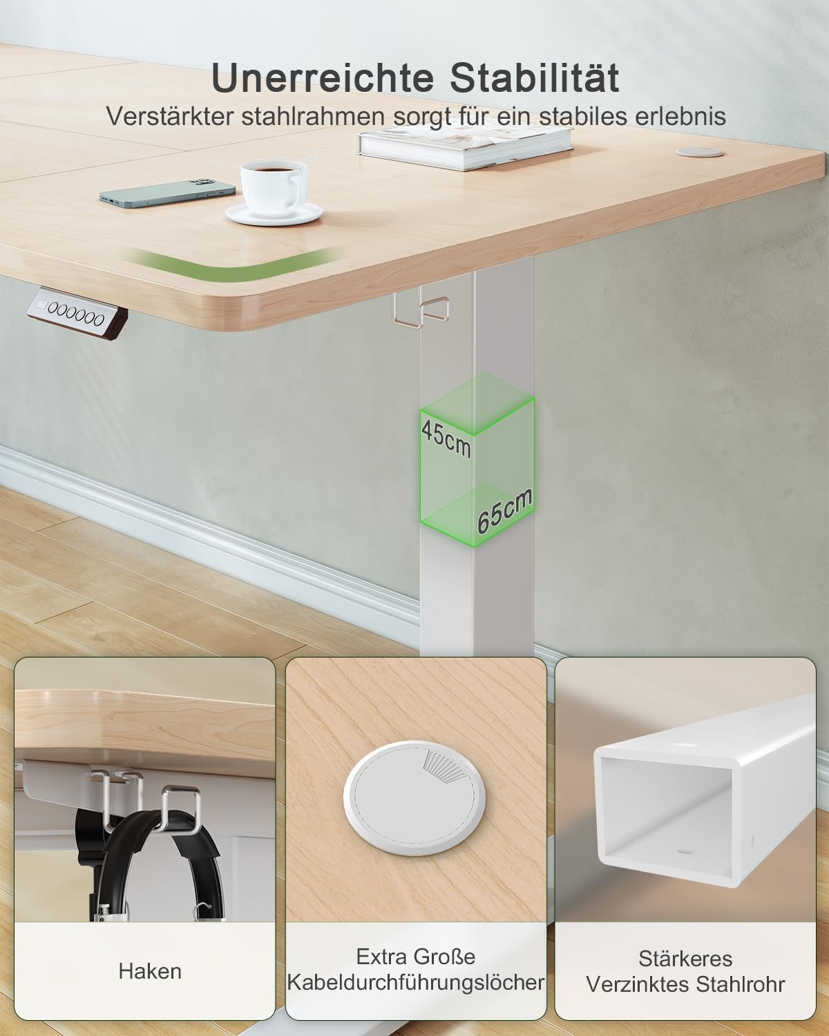 Detalle de JUMMICO elektrisch höhenverstellbarer Schreibtisch mit USB-Ladeanschluss, 180 x 80 cm (beige)