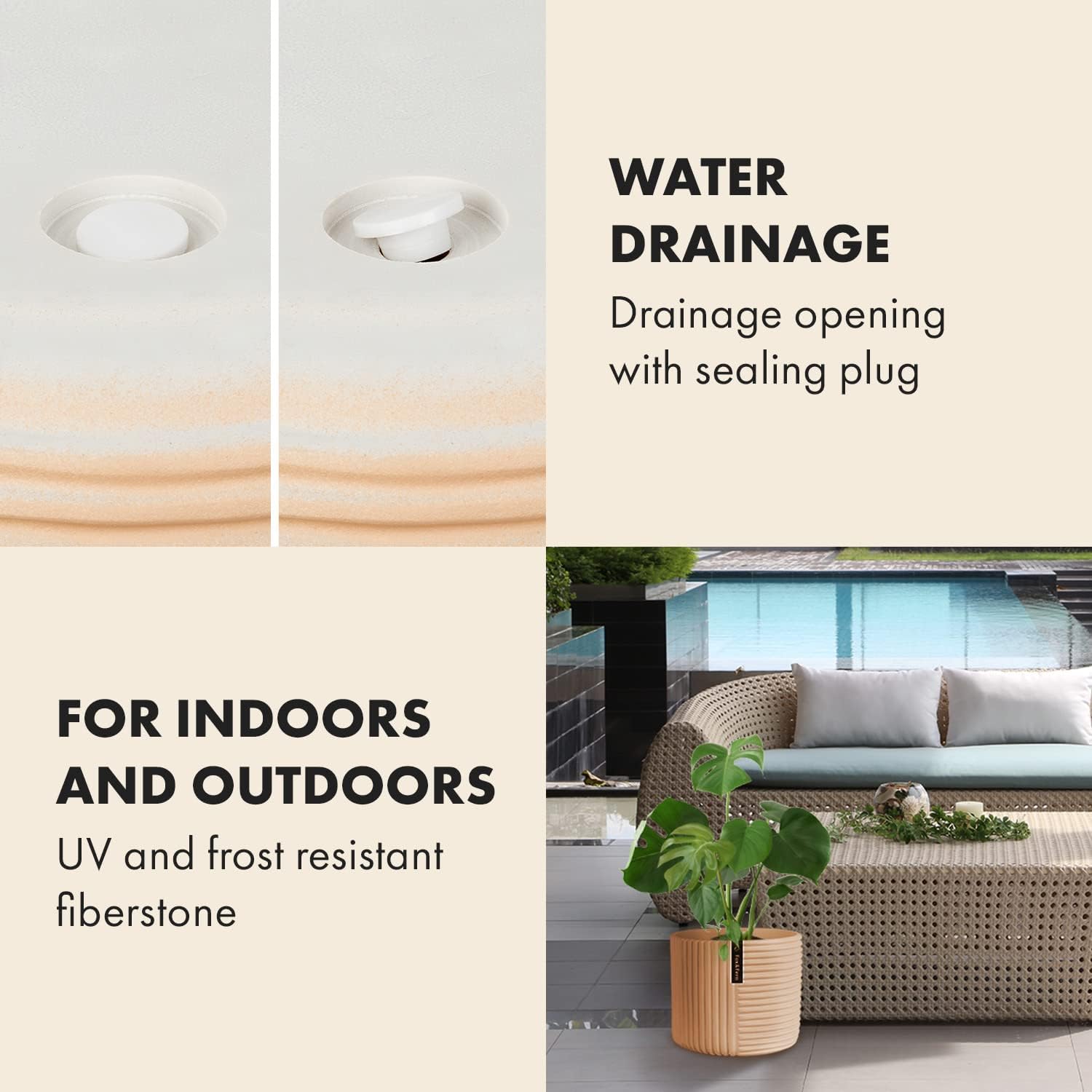 Detalle 2 de Fox & Fern PP-ROUND-POLY-L-MW Large Planter, Sand, Line Structure