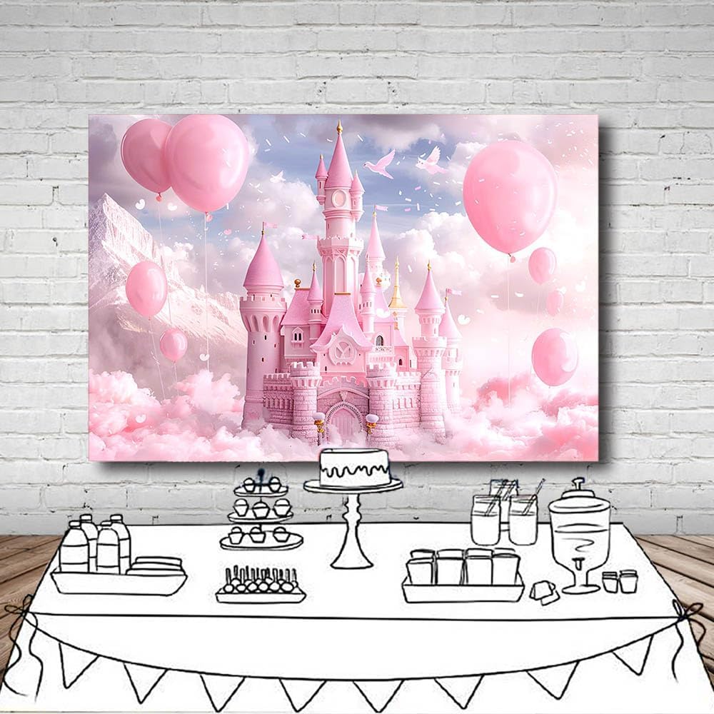 Thumbnail 4 de MEHOFOND 7x5ft Girls Birthday Photo Background (Pink Balloons & Castle)