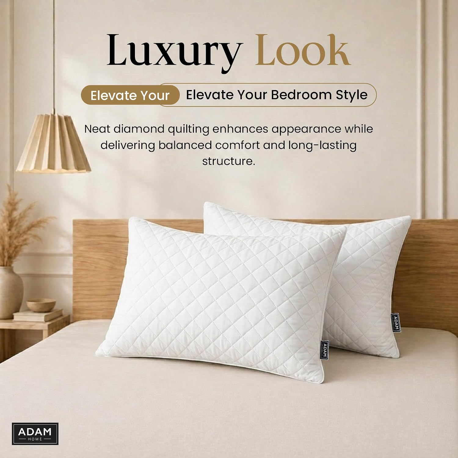 Detalle de Adam Home Pillows 2 Pack – Hotel Quality, Quilted Cover, Hypoallergenic Filling