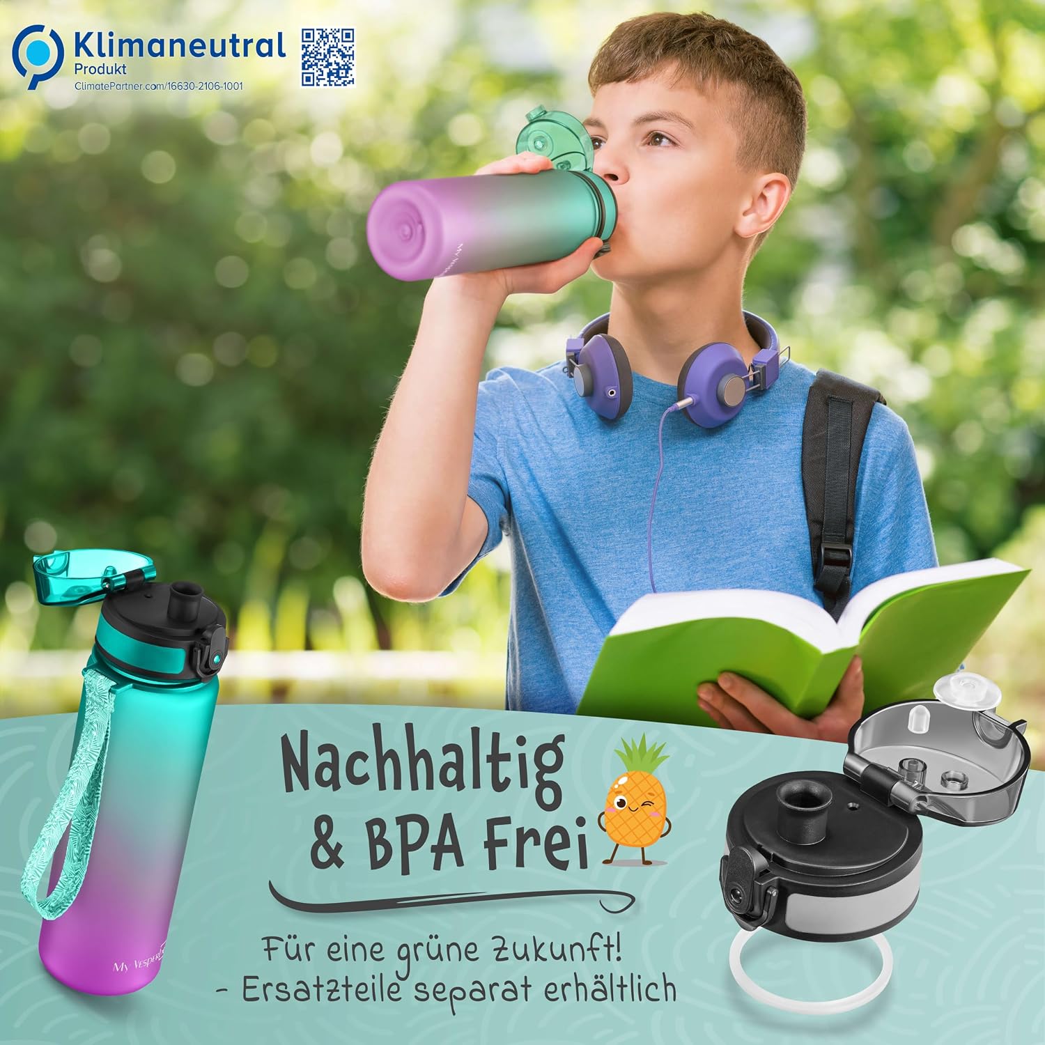 Thumbnail 6 de My Vesperbox Minny Kinder-Trinkflasche auslaufsicher 500 ml mit Strohhalm oder Sieb (Tritan, BPA-frei) – Lila/Grün