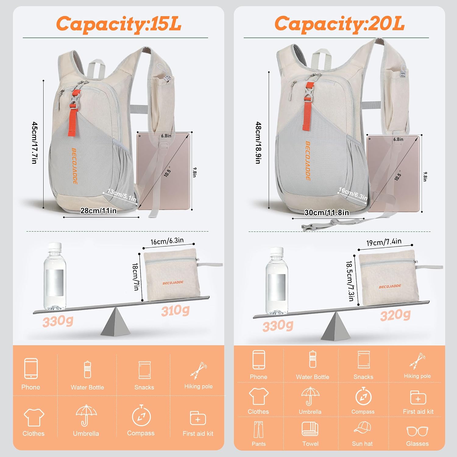 Detalle 2 de BECOJADDE 15L Small Hiking Backpack (Foldable Packable Daypack) in Beige