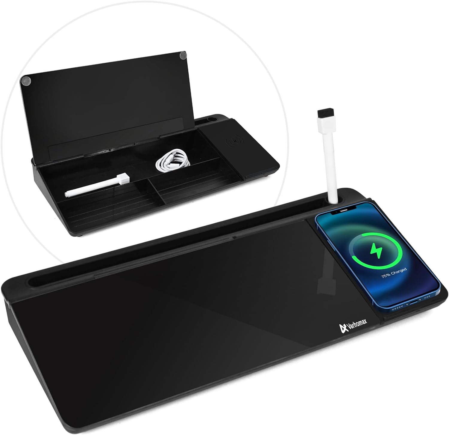 Detalle de Varhomax VDS-WB-24 Glass Desk Whiteboard with Wireless Charging and Storage