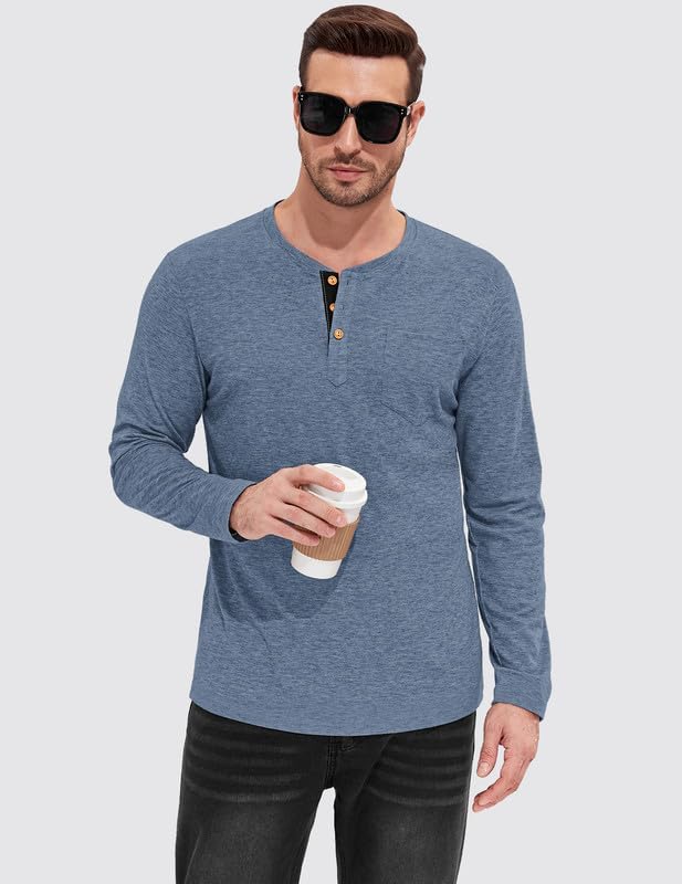 Detalle de TARAINYA Men’s Long-Sleeve Henley Shirt, Cotton-Stretch Blend, Chest Pocket