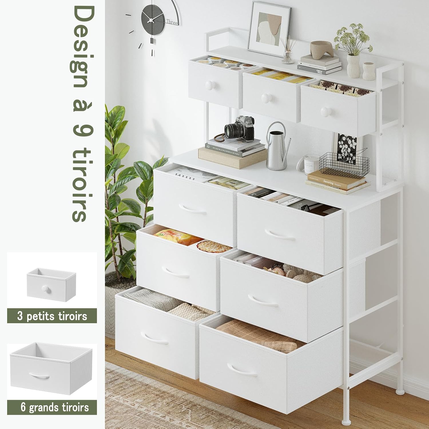 Thumbnail 5 de Mintnook Commode, Meuble de Rangement 9 Tiroirs – 85 x 35 x 130 cm, Blanc avec Cadre Métal