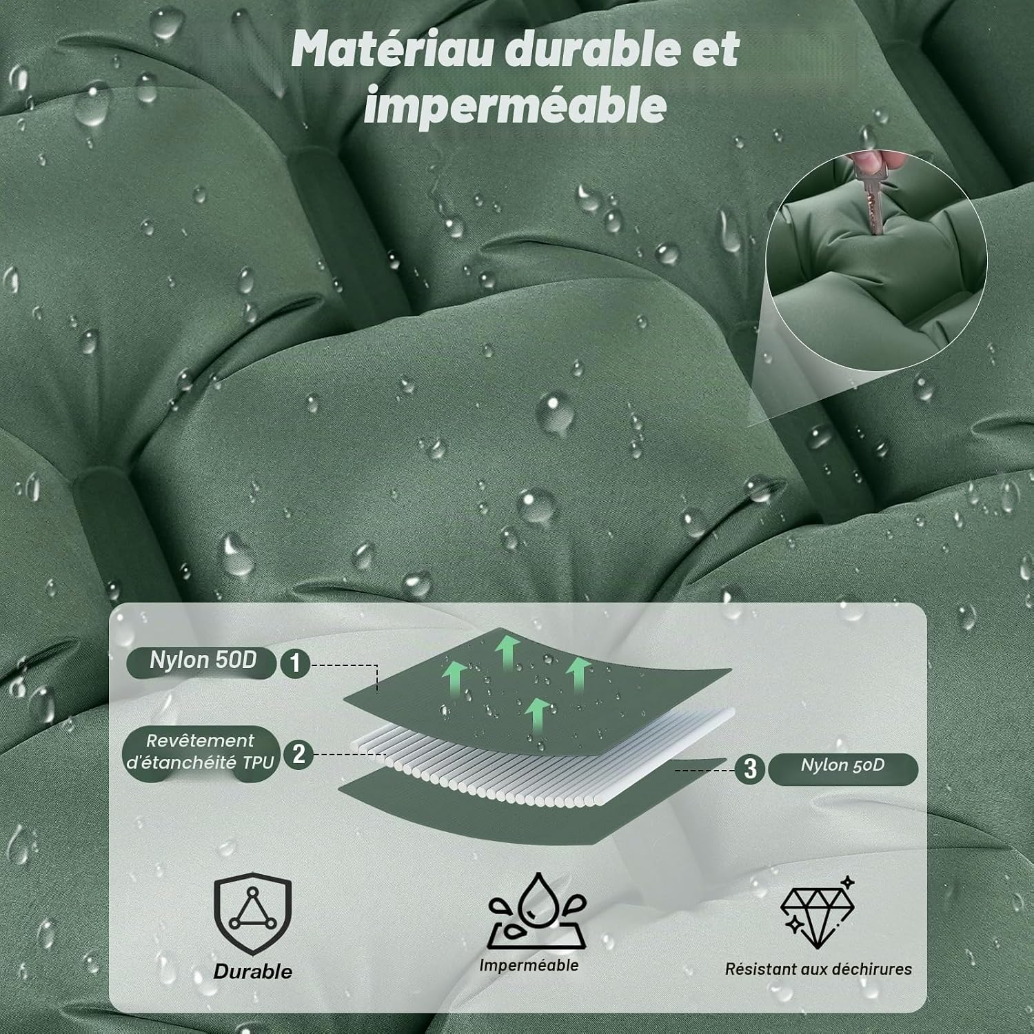 Detalle de Matelas Gonflable 1 Place JATEKA avec Pompe à Pied et Oreiller – Design réversible et léger