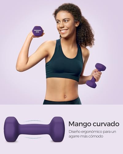 Detalle de SONGMICS juego de 2 mancuernas hexagonales de vinilo (2 x 2 kg) en violeta ceniza SYL64PL