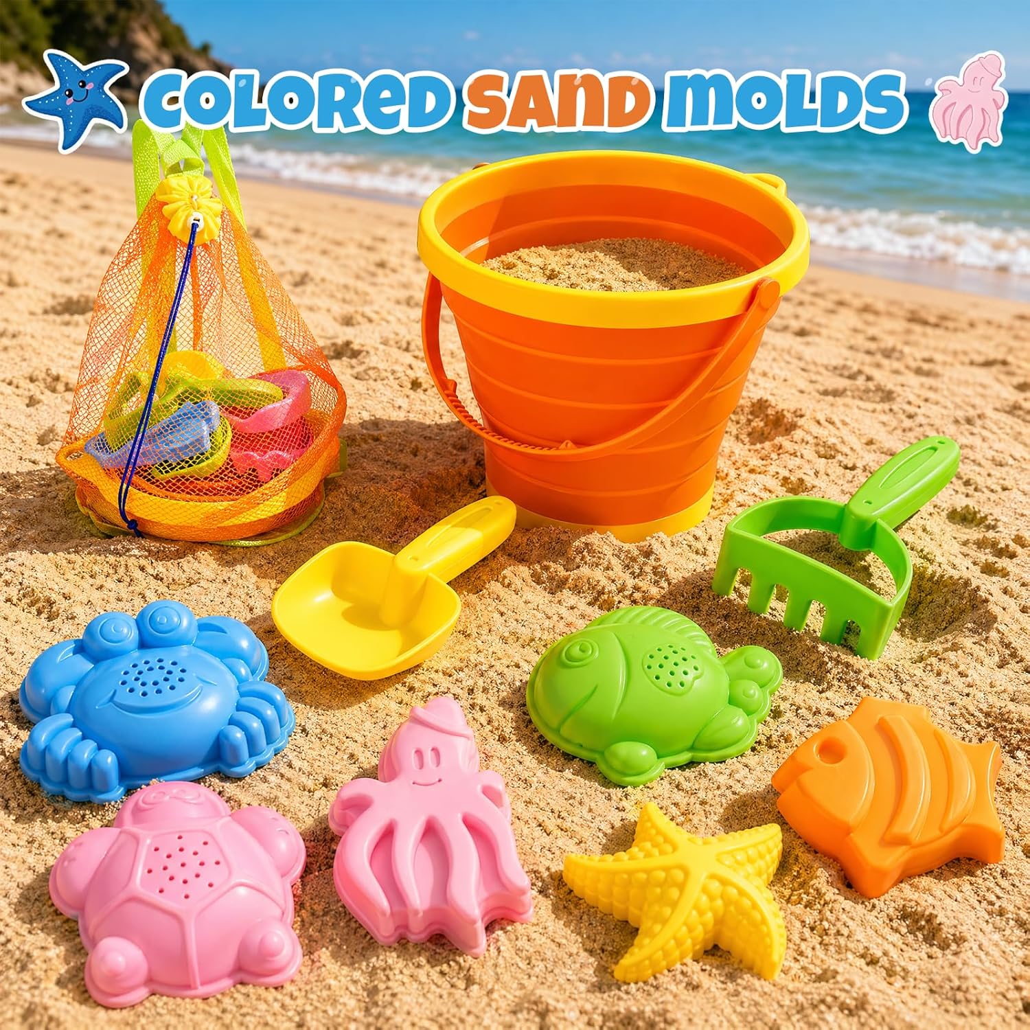 Detalle de Beach Sand Toys Set for Toddlers (Sunset Orange) – Portable Travel Beach Kit