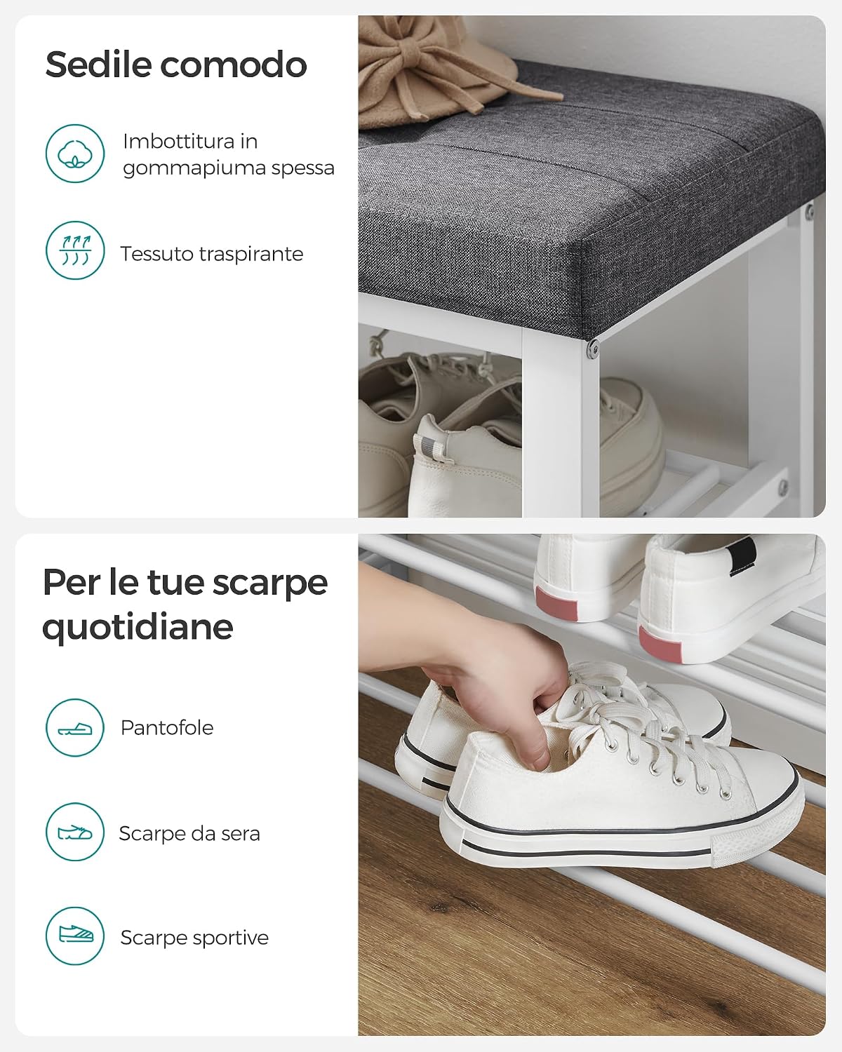 Detalle de SONGMICS Panca scarpiera con sedile imbottito e scaffale a 3 ripiani LBS579B01 (grigio scuro e nero)