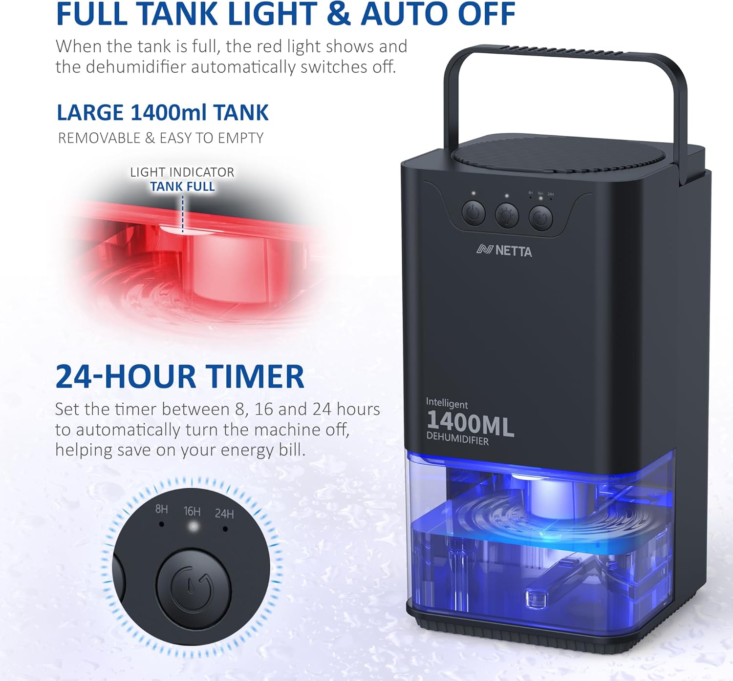 Thumbnail 4 de NETTA Mini Dehumidifier (1400ml) for Home Damp – 24hr Timer, Auto Shut Off, Ultra Quiet – Black