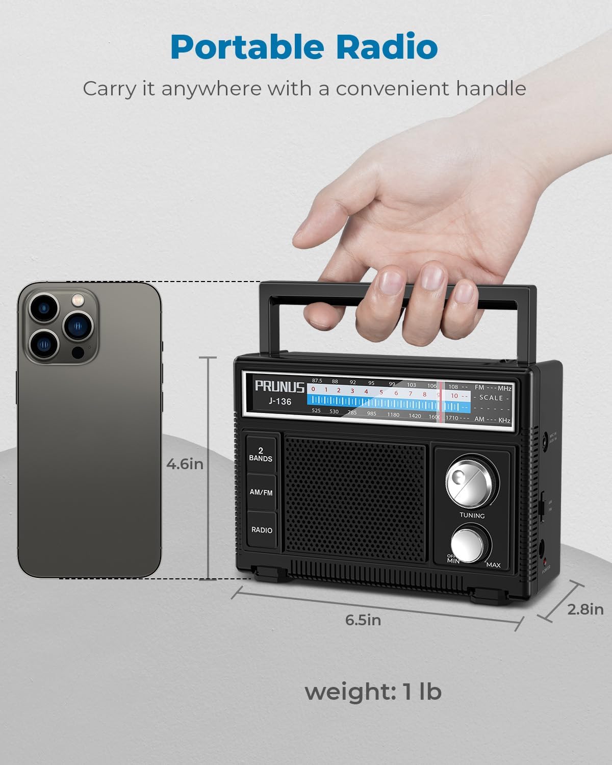 Detalle 2 de PRUNUS J-136 Portable AM/FM Radio with AC or Battery Power, AUX and Mic Input