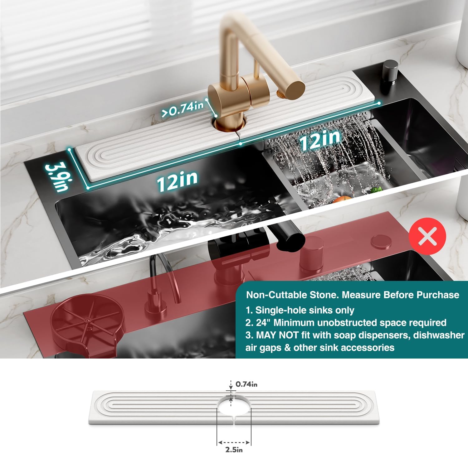 Detalle de eormoe Diatomite Faucet Mat for Kitchen Sink, 23.6 x 3.9-Inch
