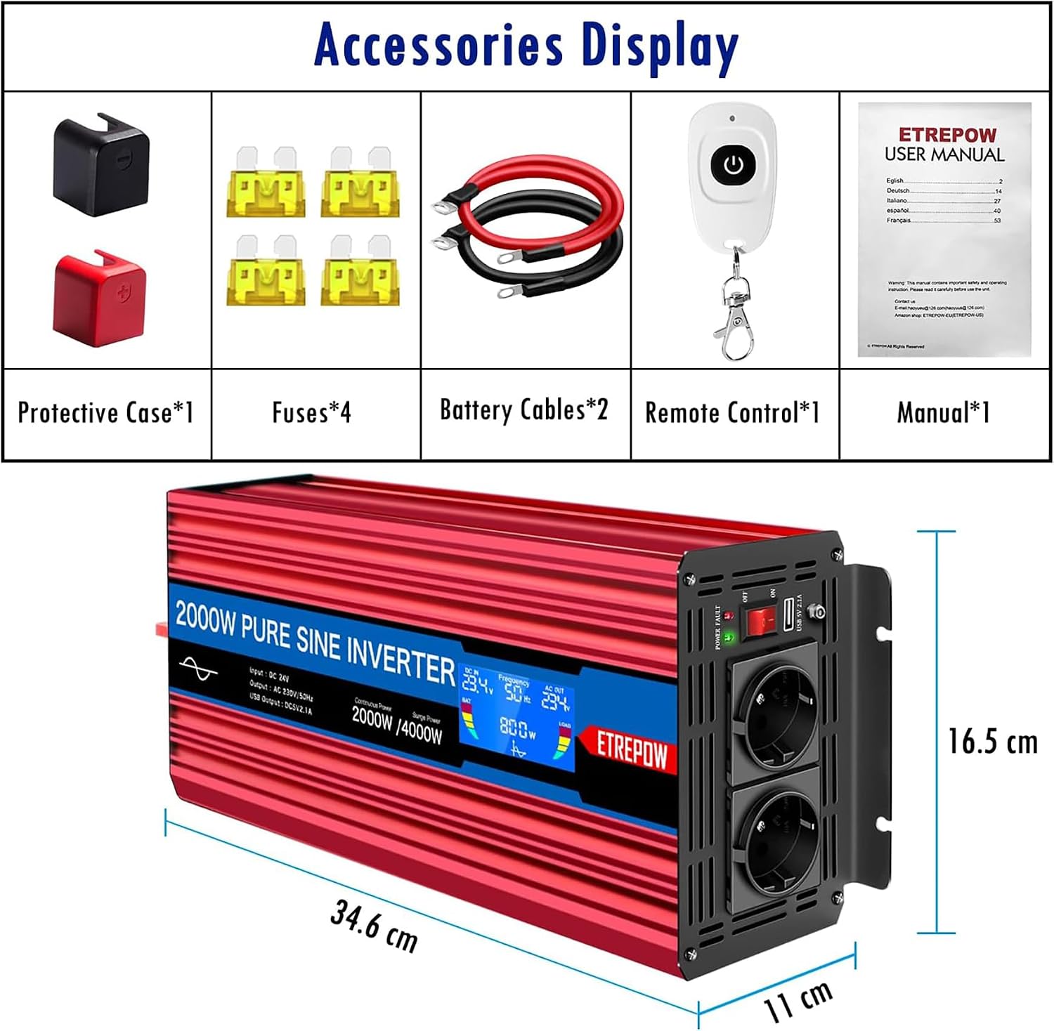 Detalle de ETREPOW 2000W Inverter 24V a Onda Pura 220V con TeleComando Wireless, Display LCD e 2 prese EU + USB