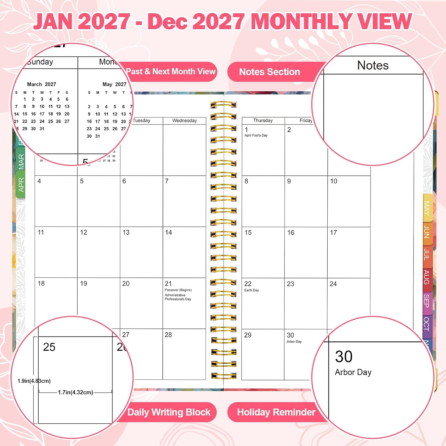 Detalle de OMEYA 2027 Weekly and Monthly Planner, 8.5 x 11 in, Floral Hardcover