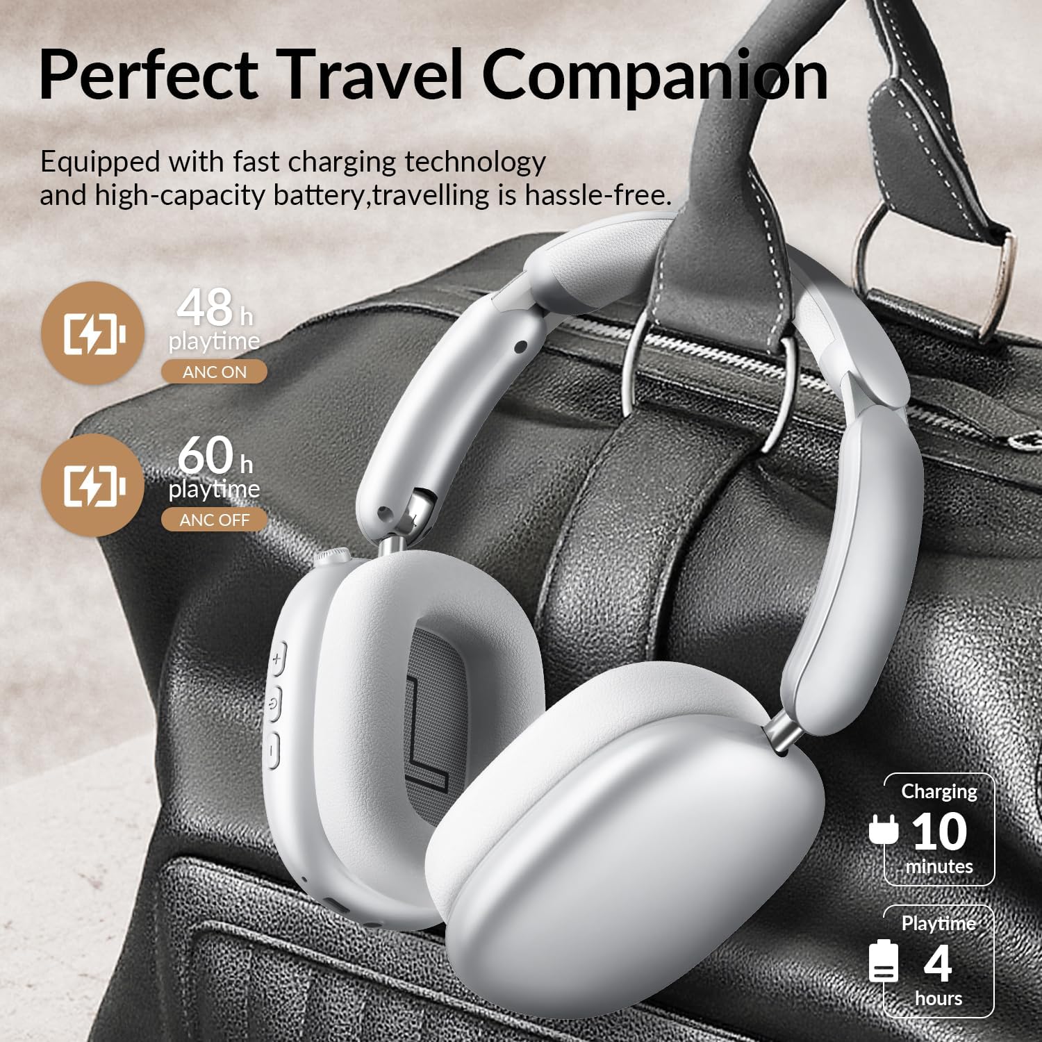 Detalle de Wentronic Y02 Active Noise Cancelling Headphones — Wireless Over‑Ear, 60h Battery, Bluetooth 5.4 (Silver)