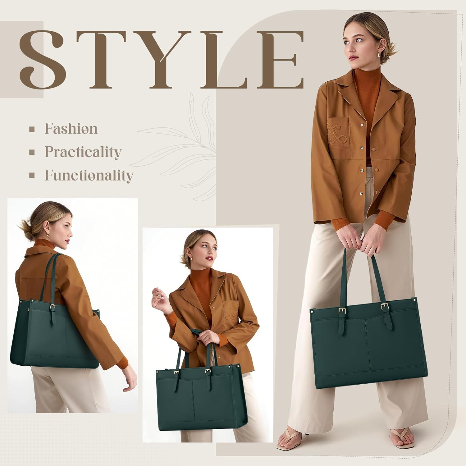 Thumbnail 2 de RAINSMORE Laptoptasche Damen mit isoliertem Lunchfach für 15,6 Zoll – wasserdichtes PU, Dunkelgrün