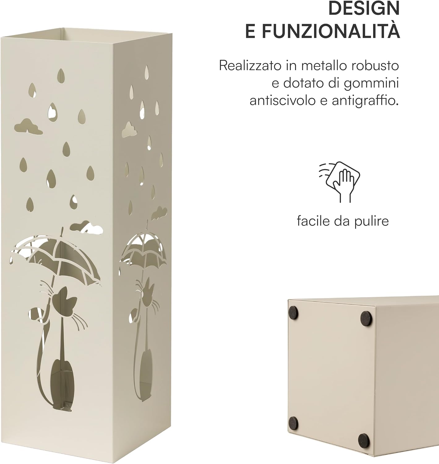 Detalle 2 de Baroni Home portaombrelli design moderno in metallo bianco con gatto, vaschetta scolapioggia rimovibile e 2 gancini