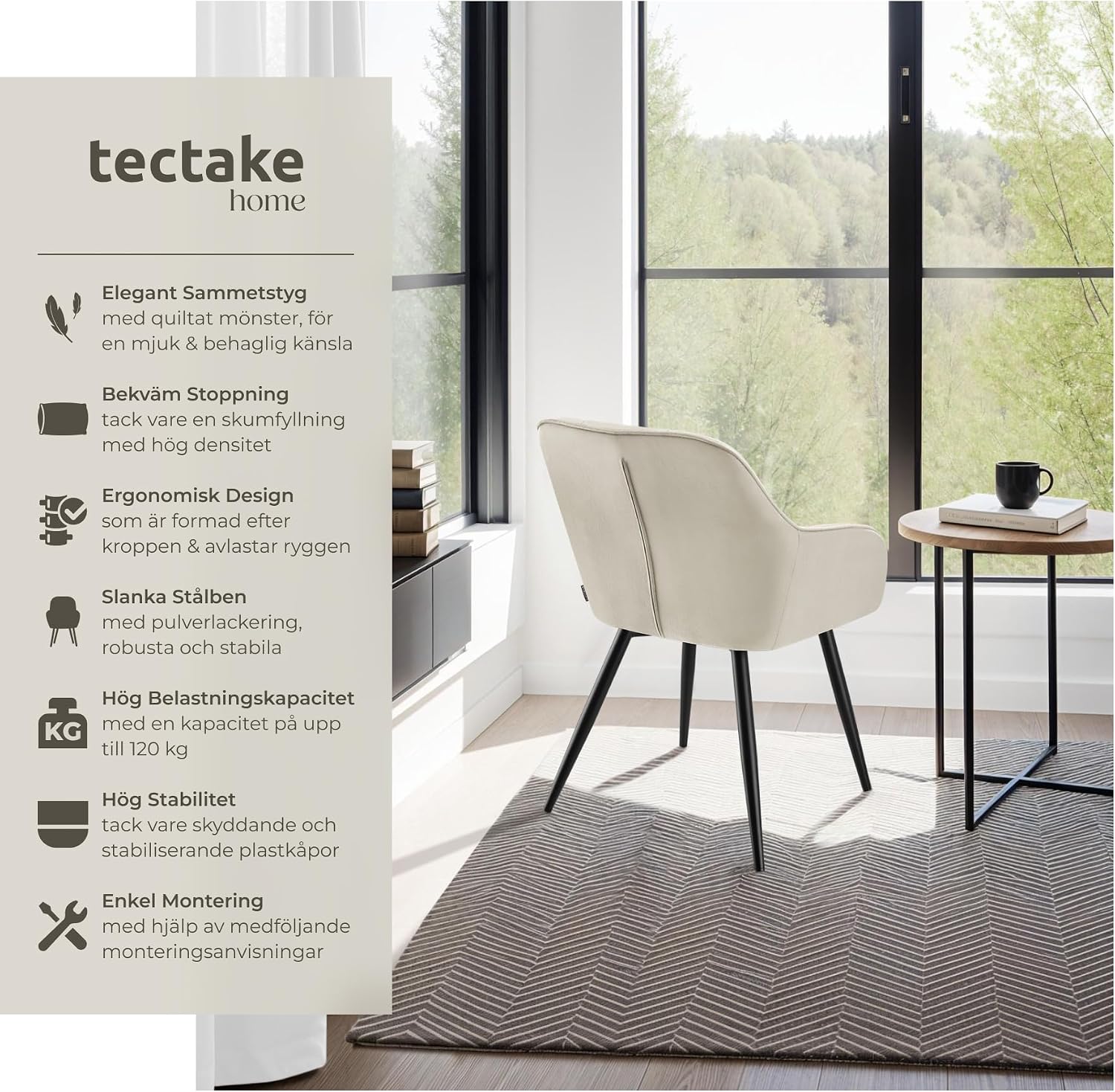 Detalle 2 de tectake Marilyn 405720 karmstol i sammetslook, quiltad sits, creme och svart