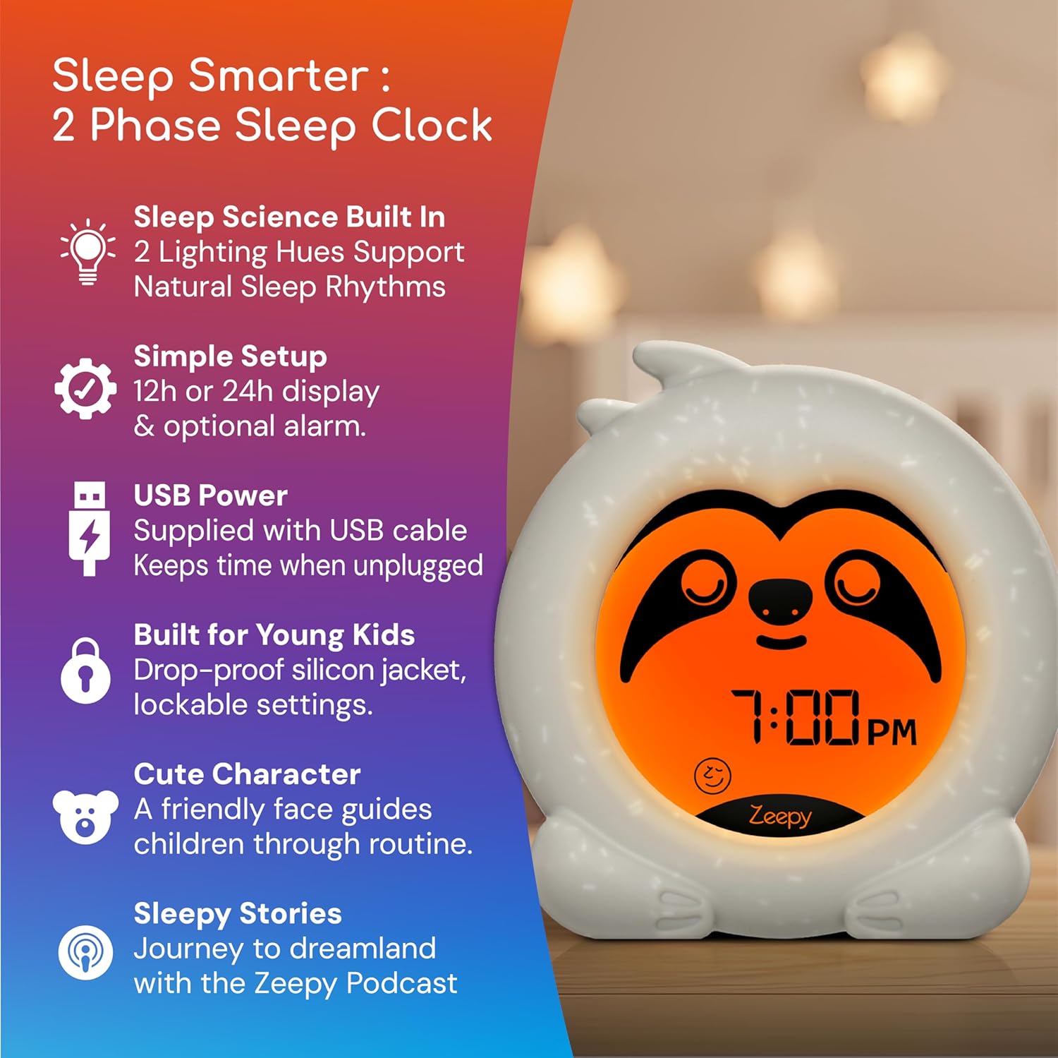 Detalle de Zeepy 2-Phase Sleep Trainer Clock by Slumber the Sloth: USB-Powered Toddler Clock for Peaceful Nights