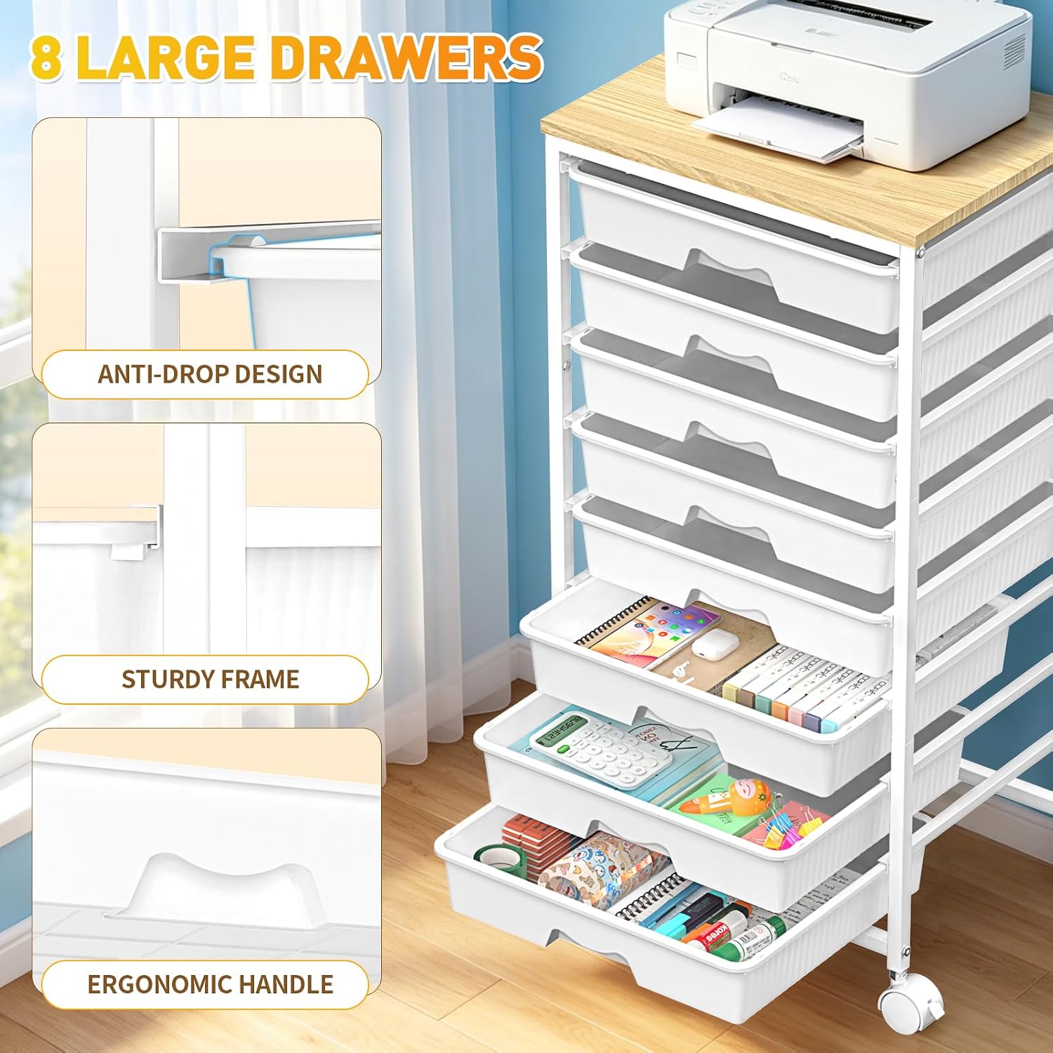 Detalle 1 de SUNALLY SN-SDC08W 8-Drawer Rolling Storage Cart with Wooden Top, White