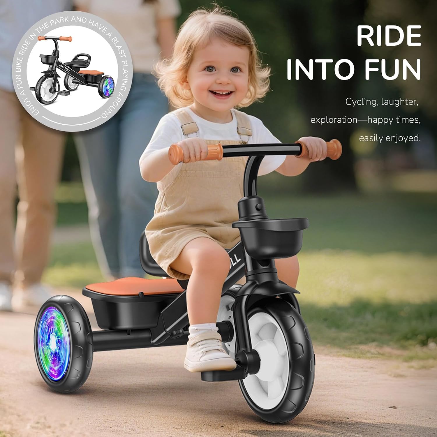 Thumbnail 3 de Umatoll Toddler Tricycle (Ages 2–5) with Adjustable Seat, Dual Baskets & Light-Up Wheels