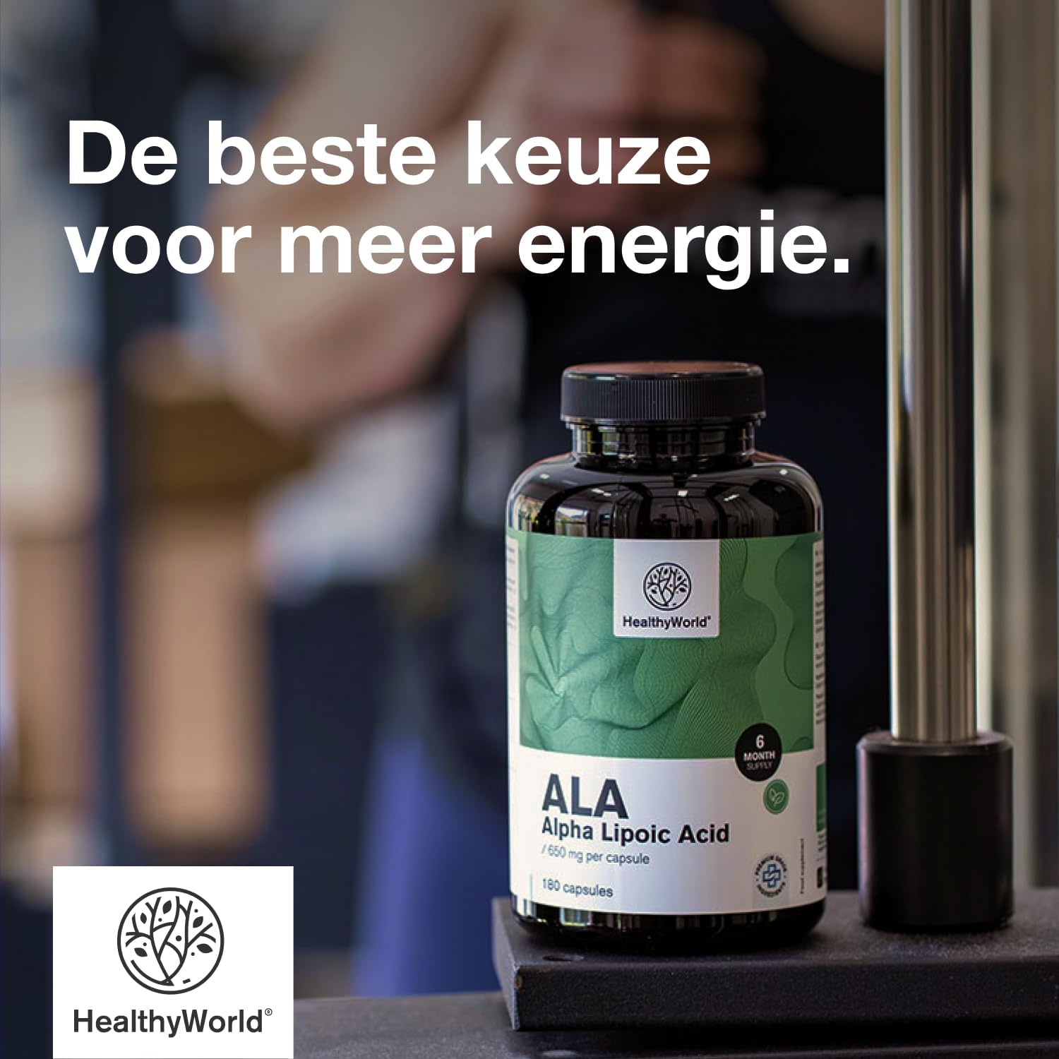 Detalle de HealthyWorld ALA 650 mg alfa-liponzuur, 180 plantaardige capsules
