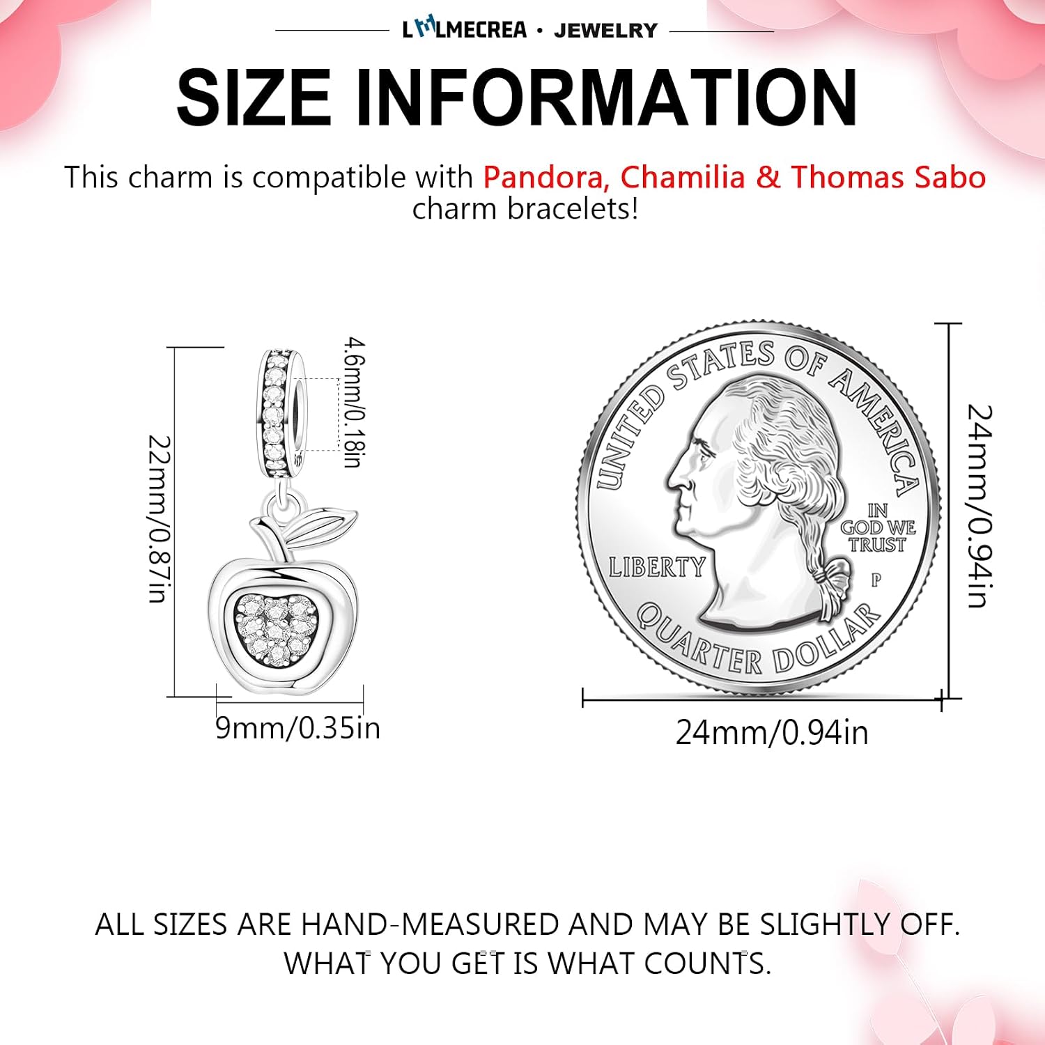 Detalle 2 de LMLMECREA Charm Anhänger aus 925 Sterling Silber – Niedlicher Apfel-Charms für europäische Armbänder und Halsketten