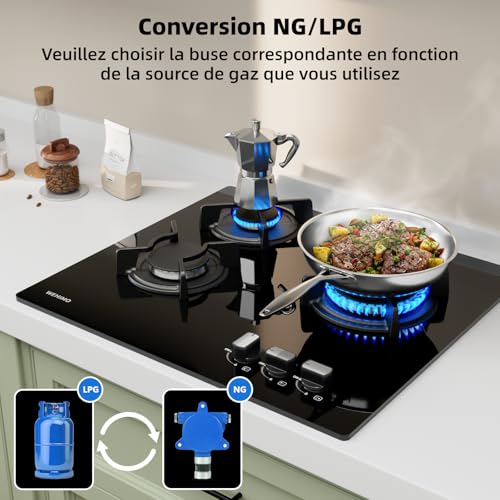 Detalle de Wehimo - Placa de cocina de gas de 3 fuegos empotrable, 60 cm, cristal negro