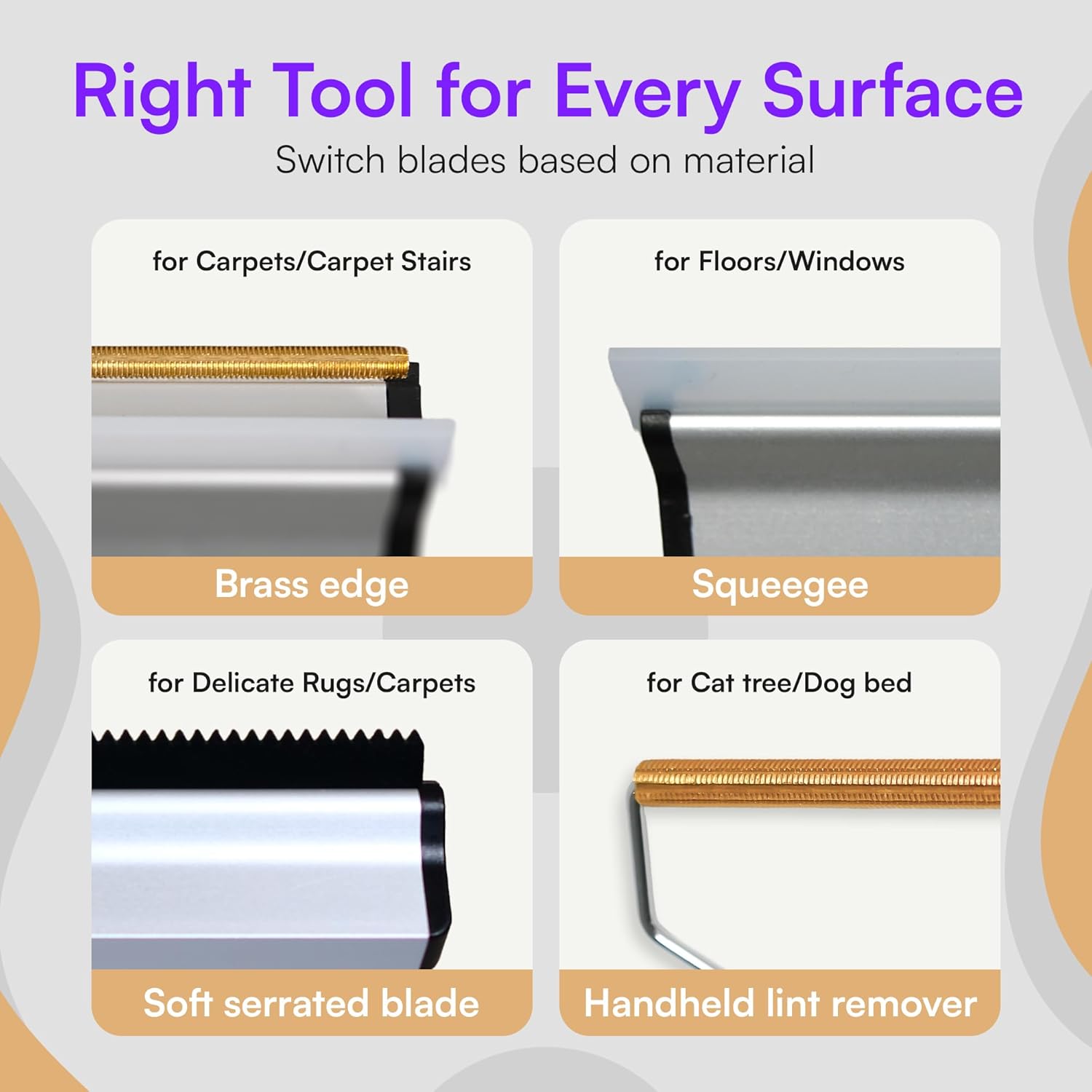 Detalle de Viblii Dual-Edge Pet Hair Carpet Rake and Scraper: a practical all-in-one tool for low-pile carpets