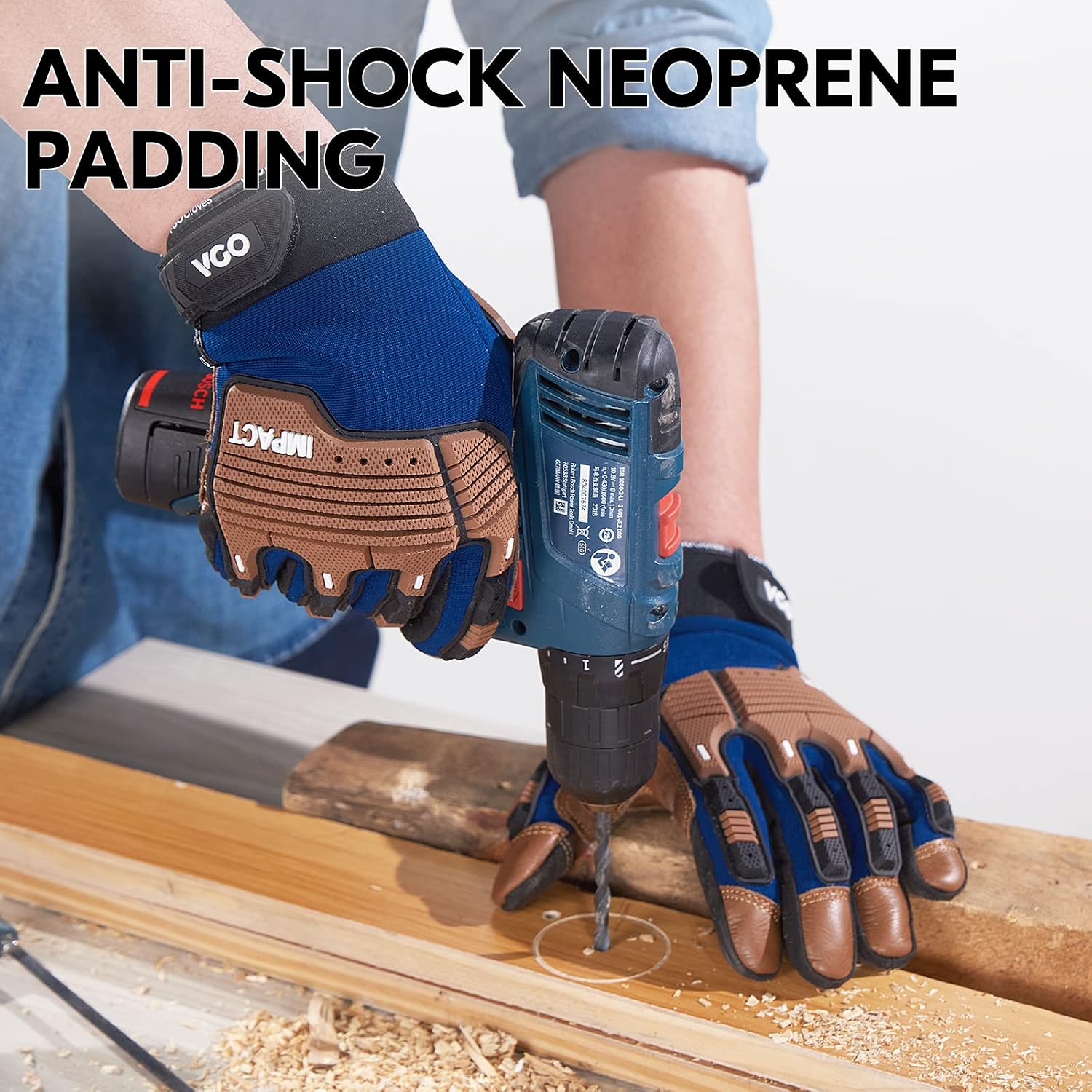 Thumbnail 3 de Vgo... Work Gloves Men: Touchscreen Cowhide Palm, Heavy Duty Anti-Impact Utility Gloves (Size L, 1 pair)