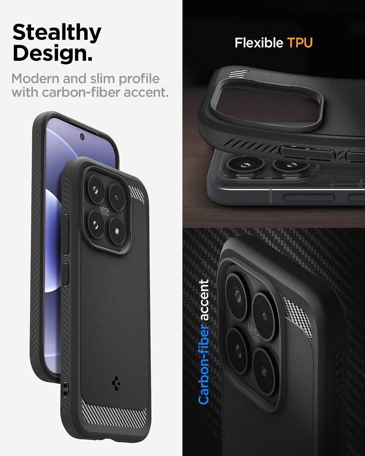 Detalle de Spigen Rugged Armor per Xiaomi 17, cover in nero opaco con bordo rialzato e Air Cushion