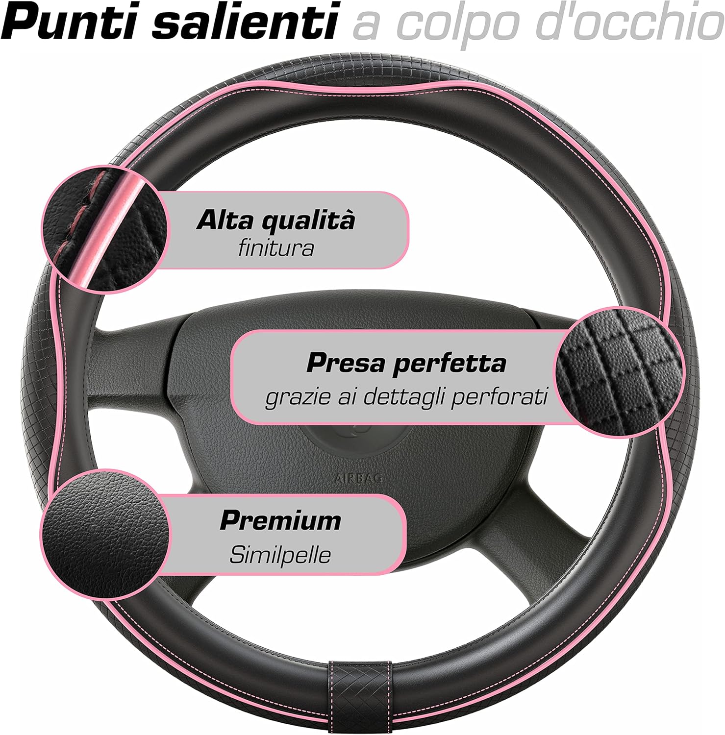 Detalle de Upgrade4cars coprivolante auto universale in finta pelle nero e rosa, diametro 37-38 cm