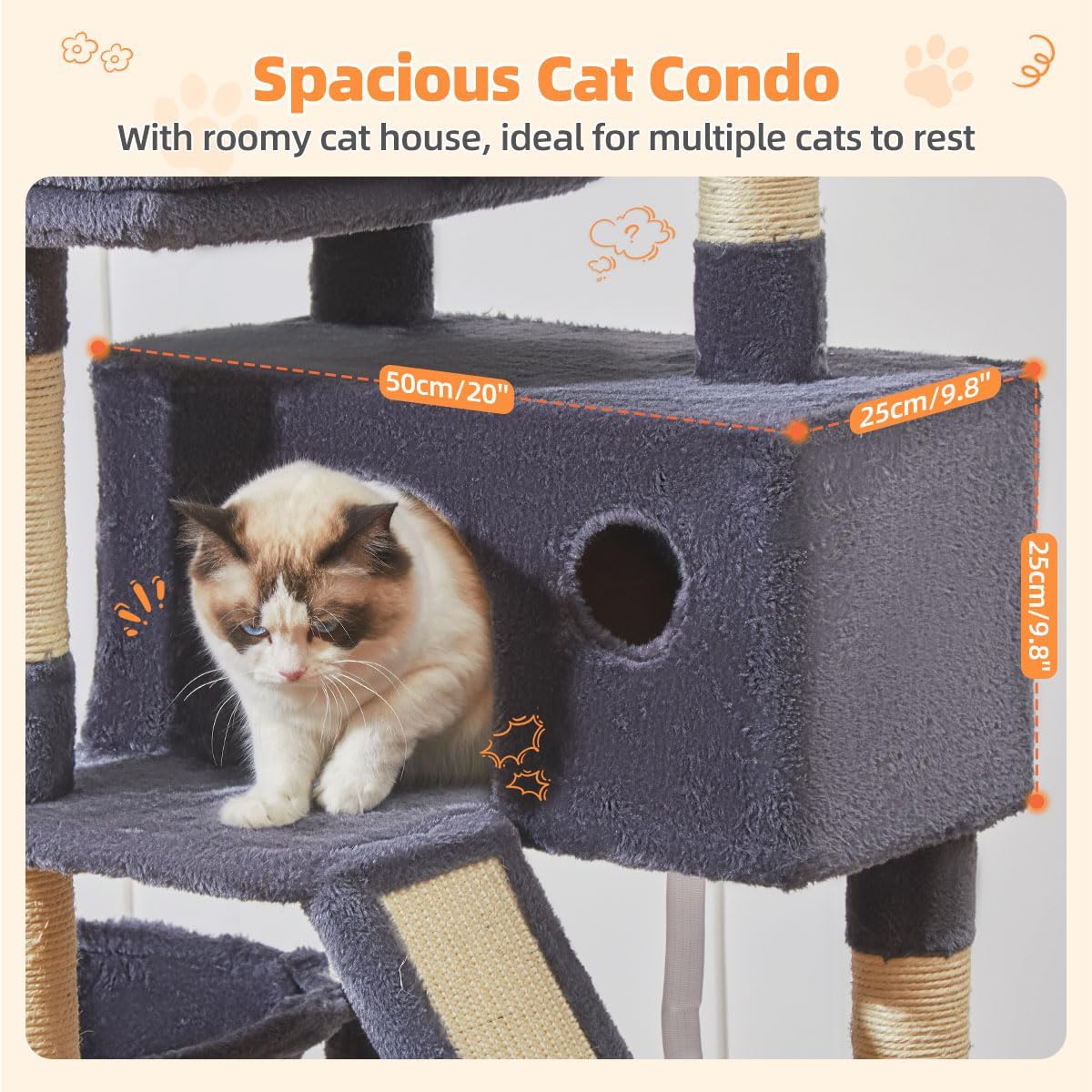 Thumbnail 3 de Taoqimiao Cat Tree 146cm: Multi-level Indoor Cat Tower with 8 Sisal Posts and Dual Top Perches