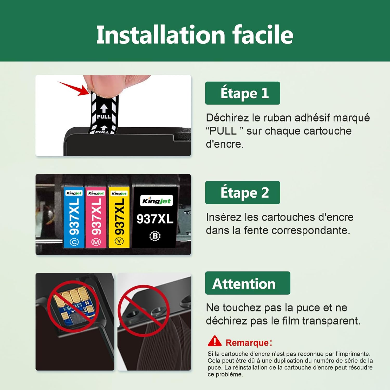 Thumbnail 5 de Kingjet 937 XL – Pack de 4 Cartouches d'encre with Puce, compatibles HP 937/937XL pour OfficeJet Pro (9120e, 9720e, 9730e, 9110b, 9120b, 9130b, 9132e, 9122e, 9135e, 9117b, 9125e, 9720, 9730)