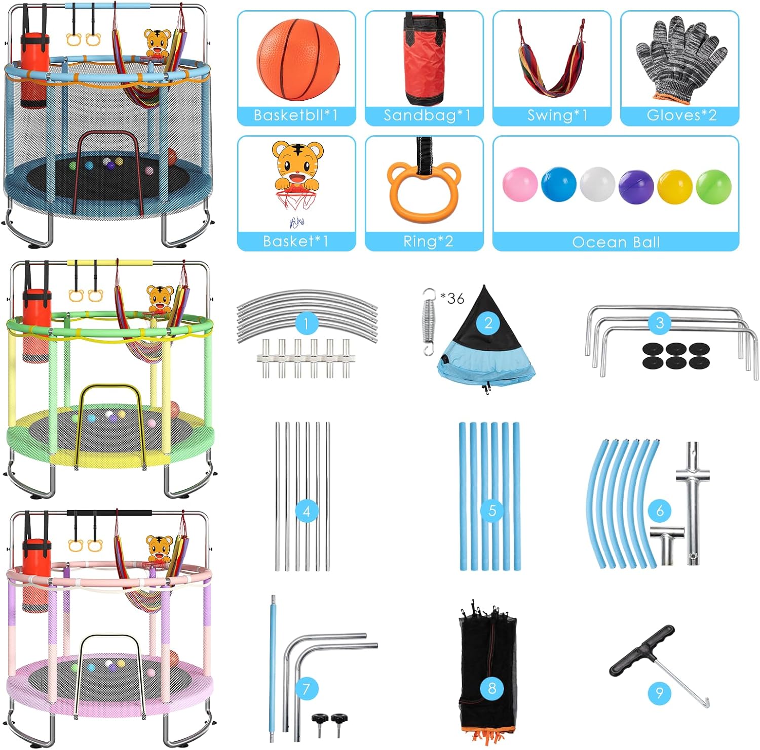 Detalle de Trampoline for Kids (55 in) 440 lbs with Full Anti-Rust Frame, Net & Adjustable Gymnastics Bar