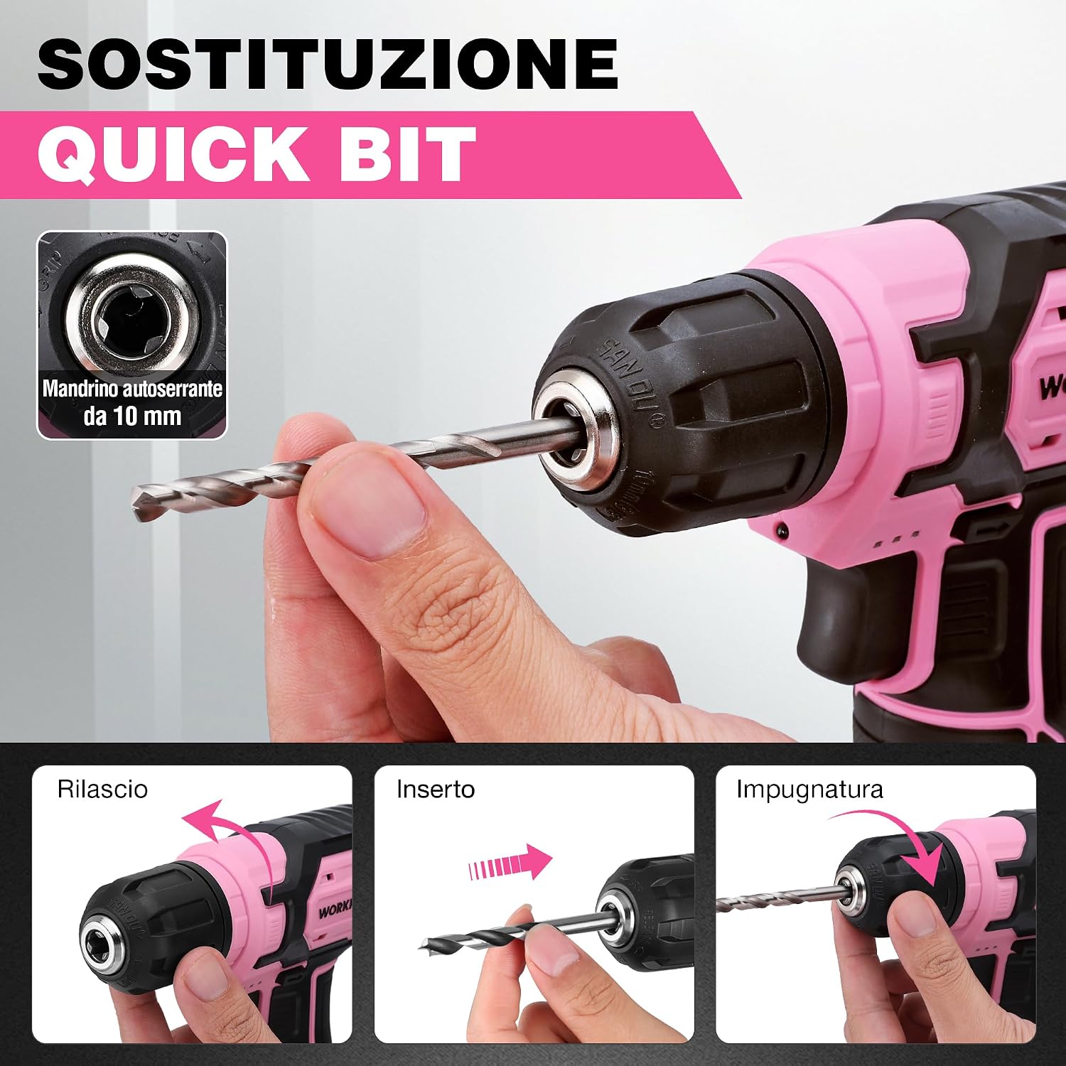 Thumbnail 4 de WORKPRO cacciavite elettrico a batteria 8V (21 accessori) con velocità variabile e LED rosa