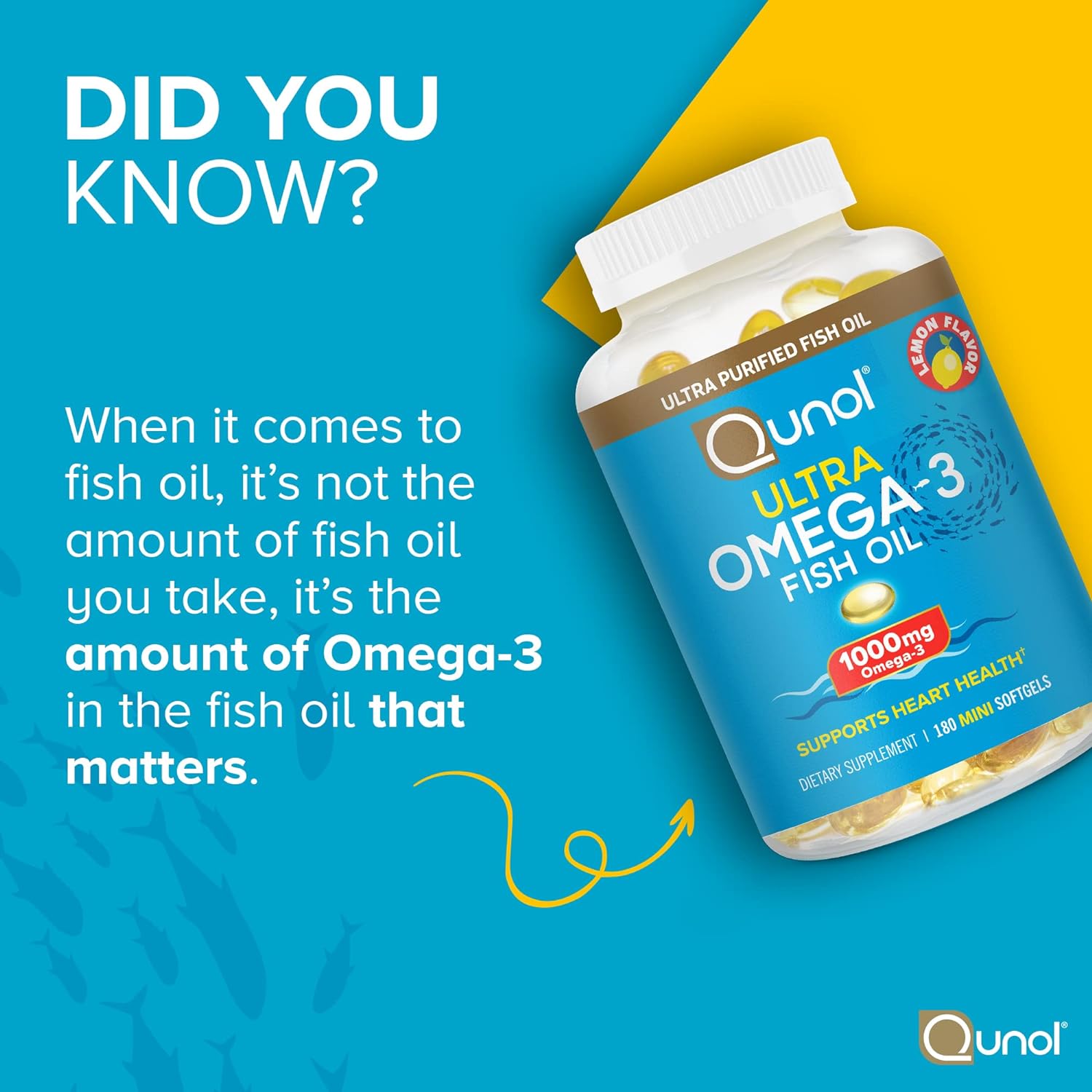 Detalle de Qunol 898440001455 Ultra Omega-3 Fish Oil Mini Softgels, Lemon, 180 Count