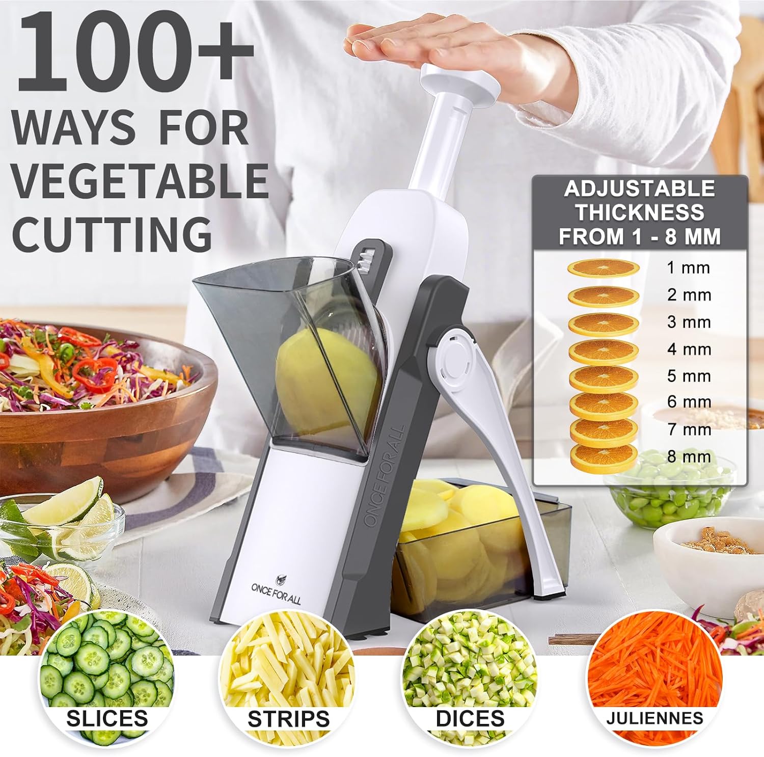 Thumbnail 2 de ONCE FOR ALL Safe Mandoline Slicer 5 in 1 Vegetable Chopper (Adjustable 0.1–8 mm, Gray)