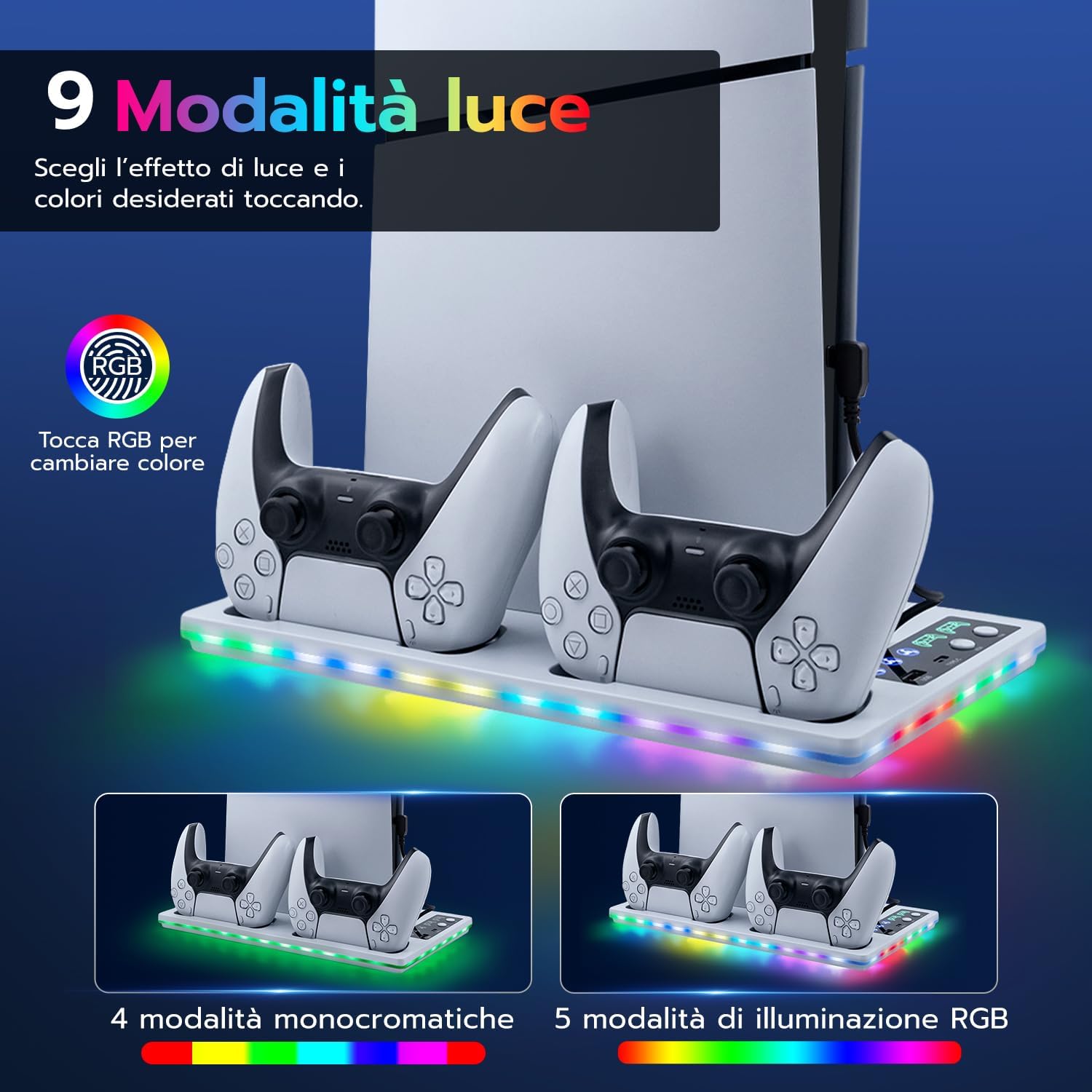Detalle de Tolesum supporto verticale con raffreddamento e ricarica per PS5/PS5 Pro/PS5 Slim con doppio controller, ventola 3 velocità e RGB