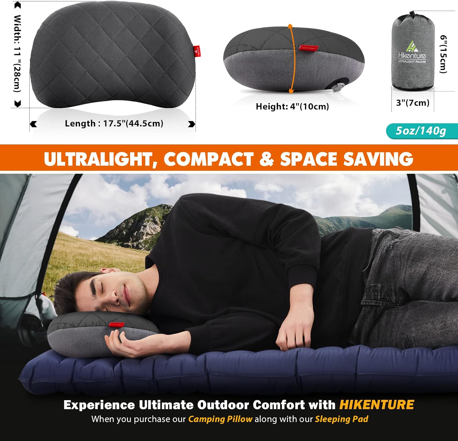 Thumbnail 5 de HIKENTURE ultralight inflatable camping pillow for adults (grey) with removable cover