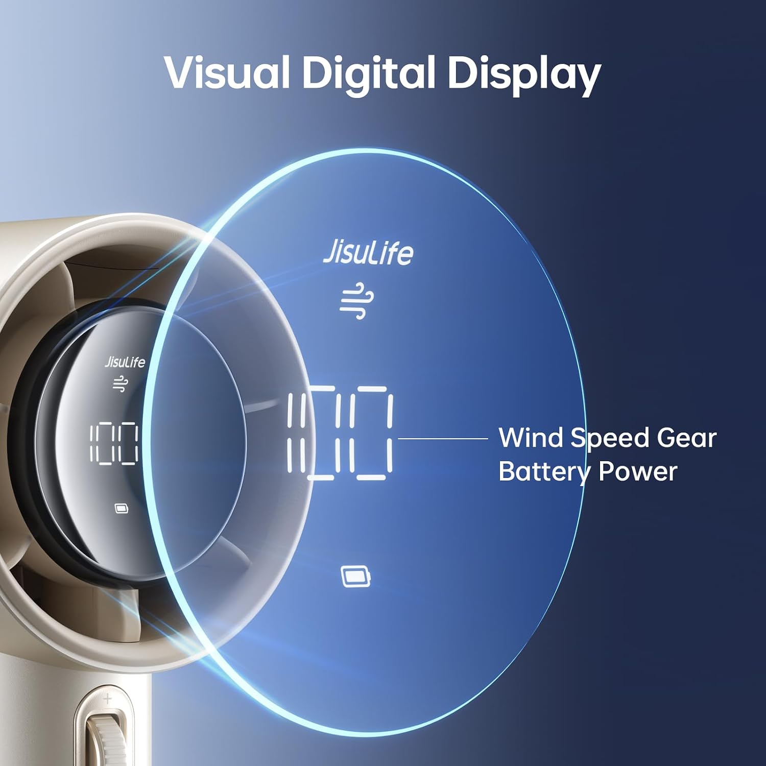 Detalle 2 de JISULIFE Portable Handheld Fan (Speed 1–100) with 5000mAh Battery and Digital Display