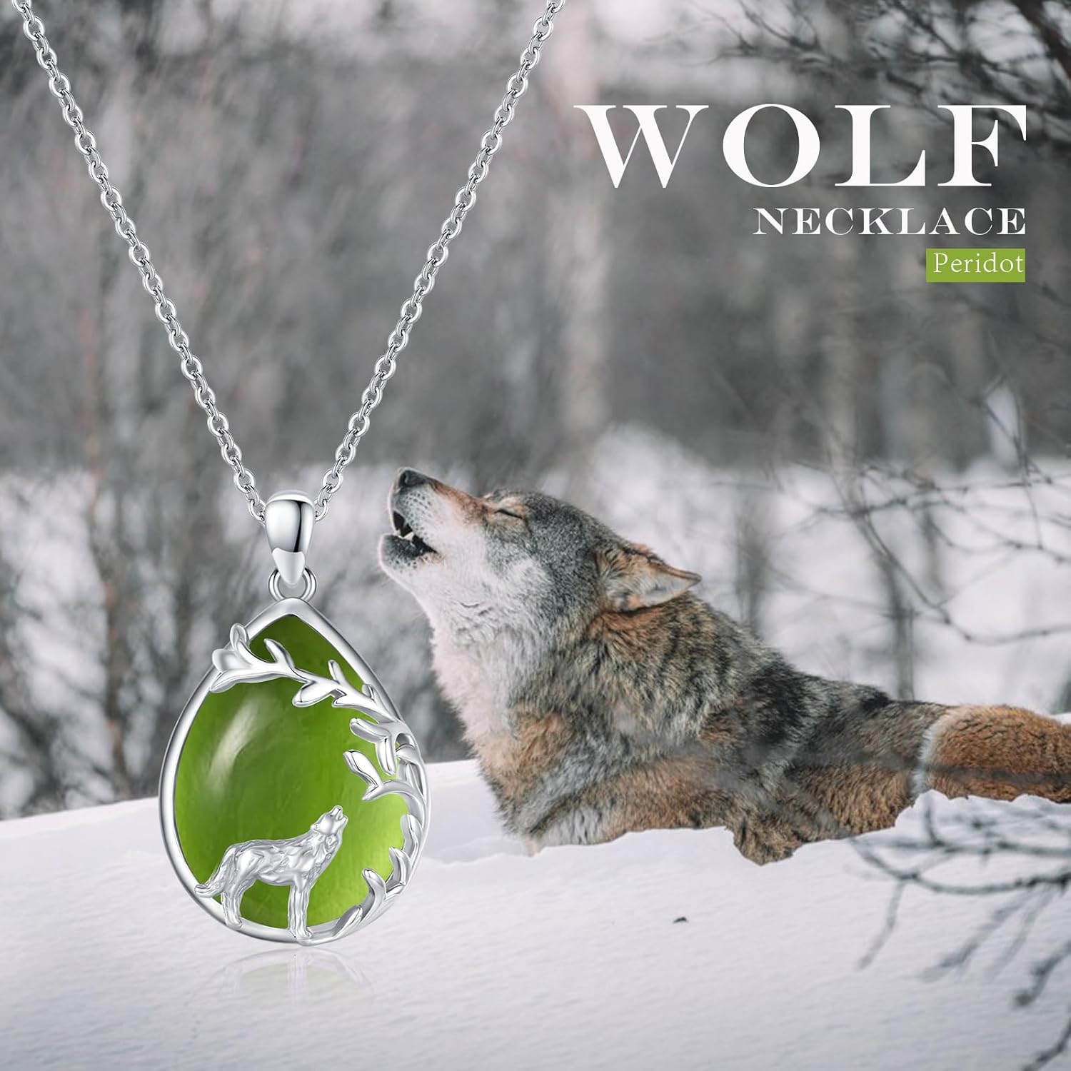 Detalle 2 de Wolf Kette Sterling Silber mit Wolf Anhänger – 925er Silber, Peridot, verstellbare Kette