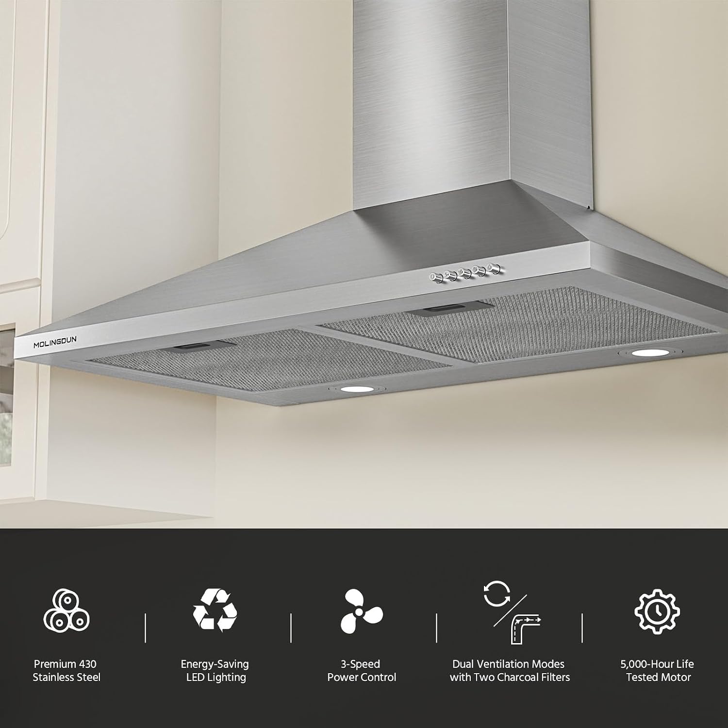 Detalle de MOLINGDUN MND-RHP30S01 30-Inch Wall-Mount Range Hood, 450 CFM, LED