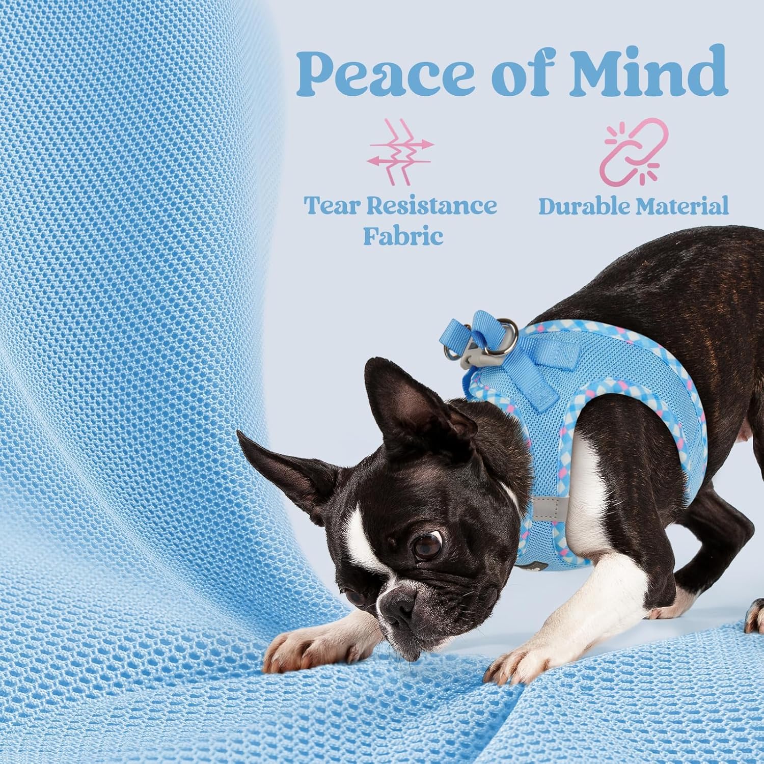 Thumbnail 6 de rabbitgoo Small Dog Step-in Soft Mesh Harness (Blue & Plaid Trim) with Reflective Strips, size S