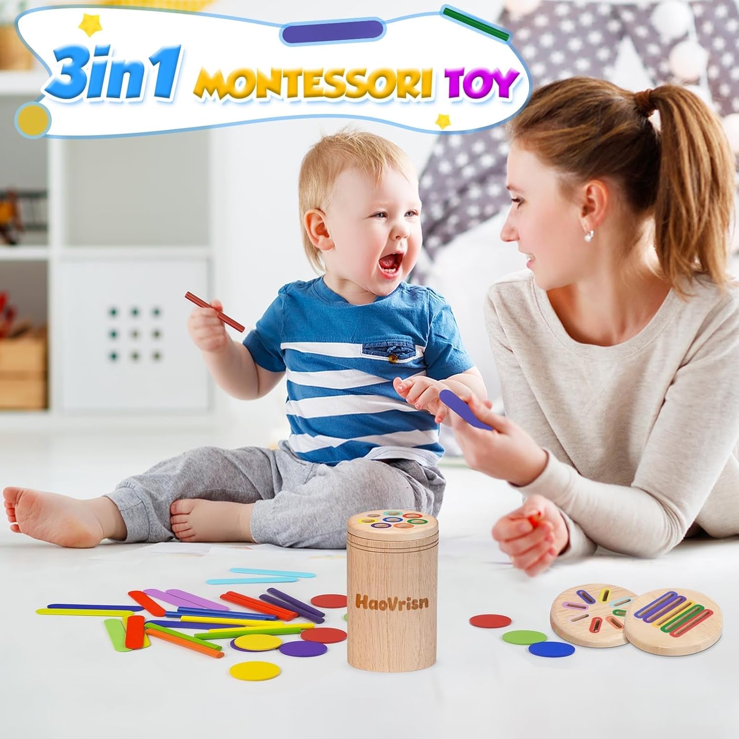 Detalle de HaoVrisn Giochi Bambini 1-4 Anni 3 in 1 Montessori in Legno con Borsa